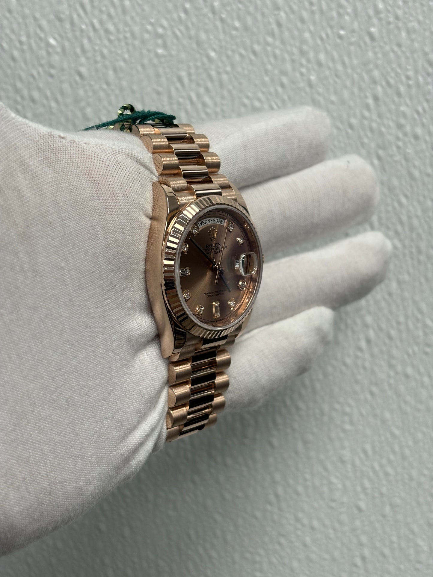 Rolex Day-Date Rose Gold 36mm Pink Sundust Diamond Dial Watch Reference# 128235 - Happy Jewelers Fine Jewelry Lifetime Warranty