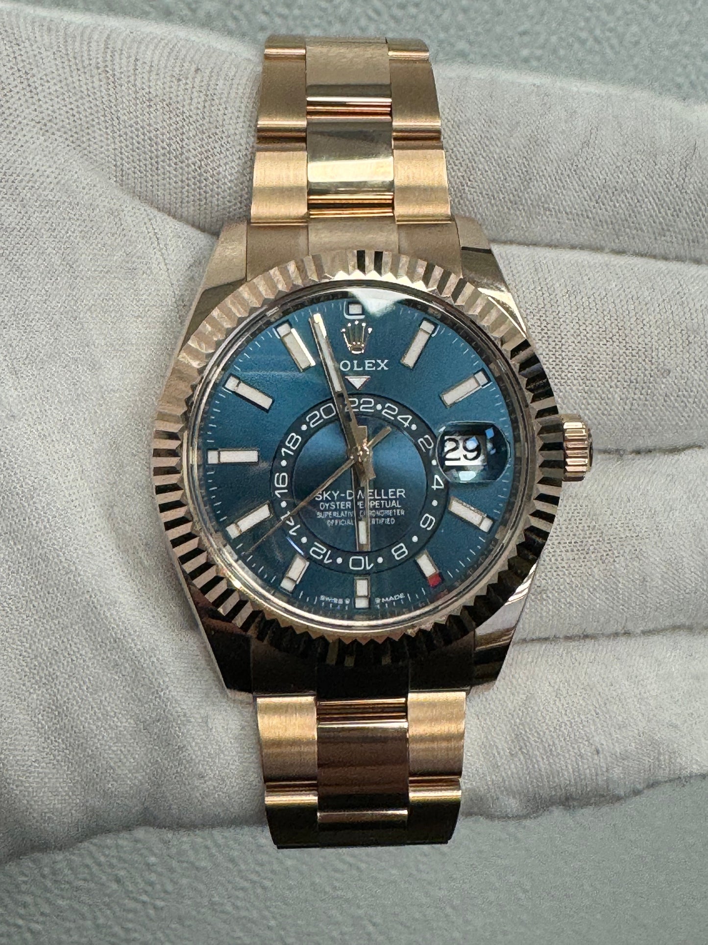 Rolex Sky Dweller Rose Gold 42mm Blue Stick Dial Watch Reference #: 336935 - Happy Jewelers Fine Jewelry Lifetime Warranty