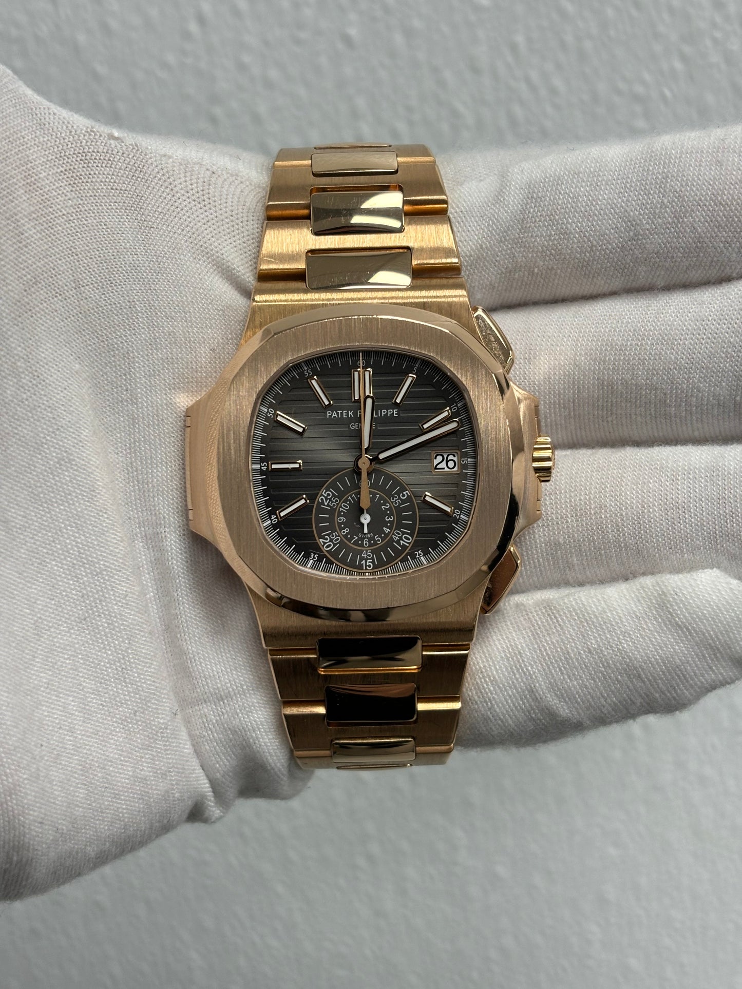 Patek Philippe Nautilus Rose Gold 40mm Grey Stick Dial Watch Reference# 5980/1R-001 - Happy Jewelers Fine Jewelry Lifetime Warranty