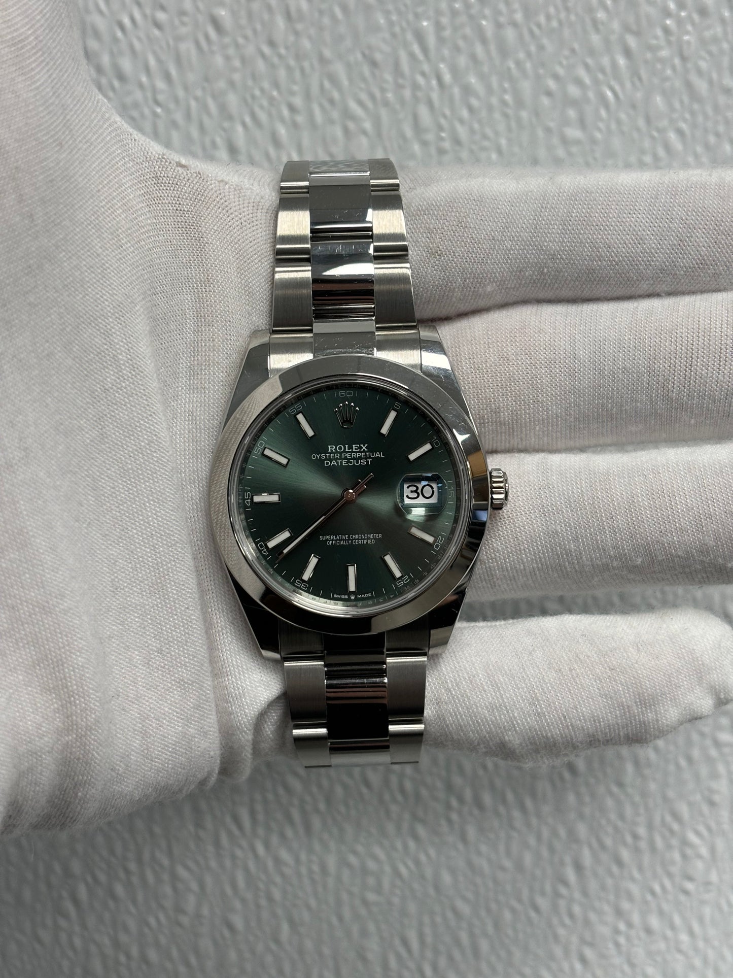 Rolex Datejust Stainless Steel 41mm Green Stick Dial Watch Reference# 126300 - Happy Jewelers Fine Jewelry Lifetime Warranty