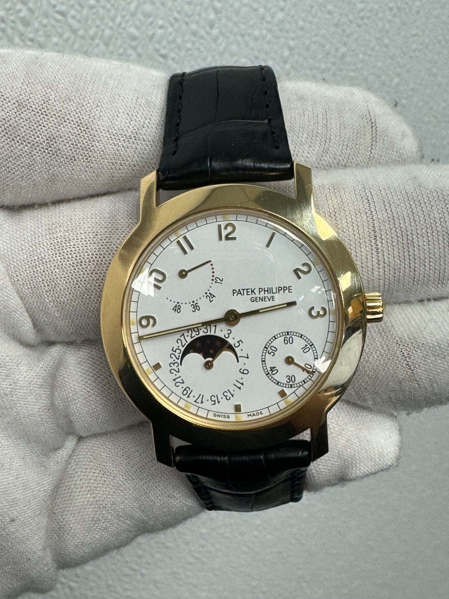 Patek Philippe Complications Yellow Gold 36mm White Arabic Moonphase Dial Watch Reference #: 5055J