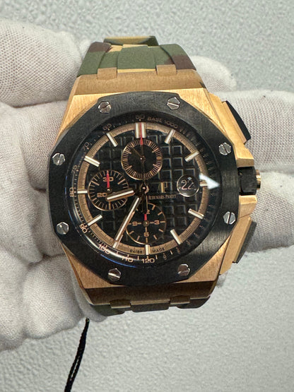 Audemars Piguet Royal Oak Offshore Rose Gold 44mm Black Chronograph Stick Dial Watch Reference #: 26401RO.OO.A002CA.02 - Happy Jewelers Fine Jewelry Lifetime Warranty