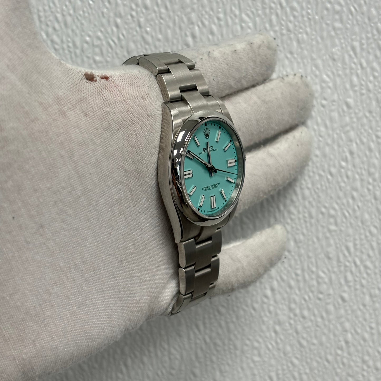 Rolex Oyster Perpetual 41mm Turquoise Stick Dial Watch Ref# 124300