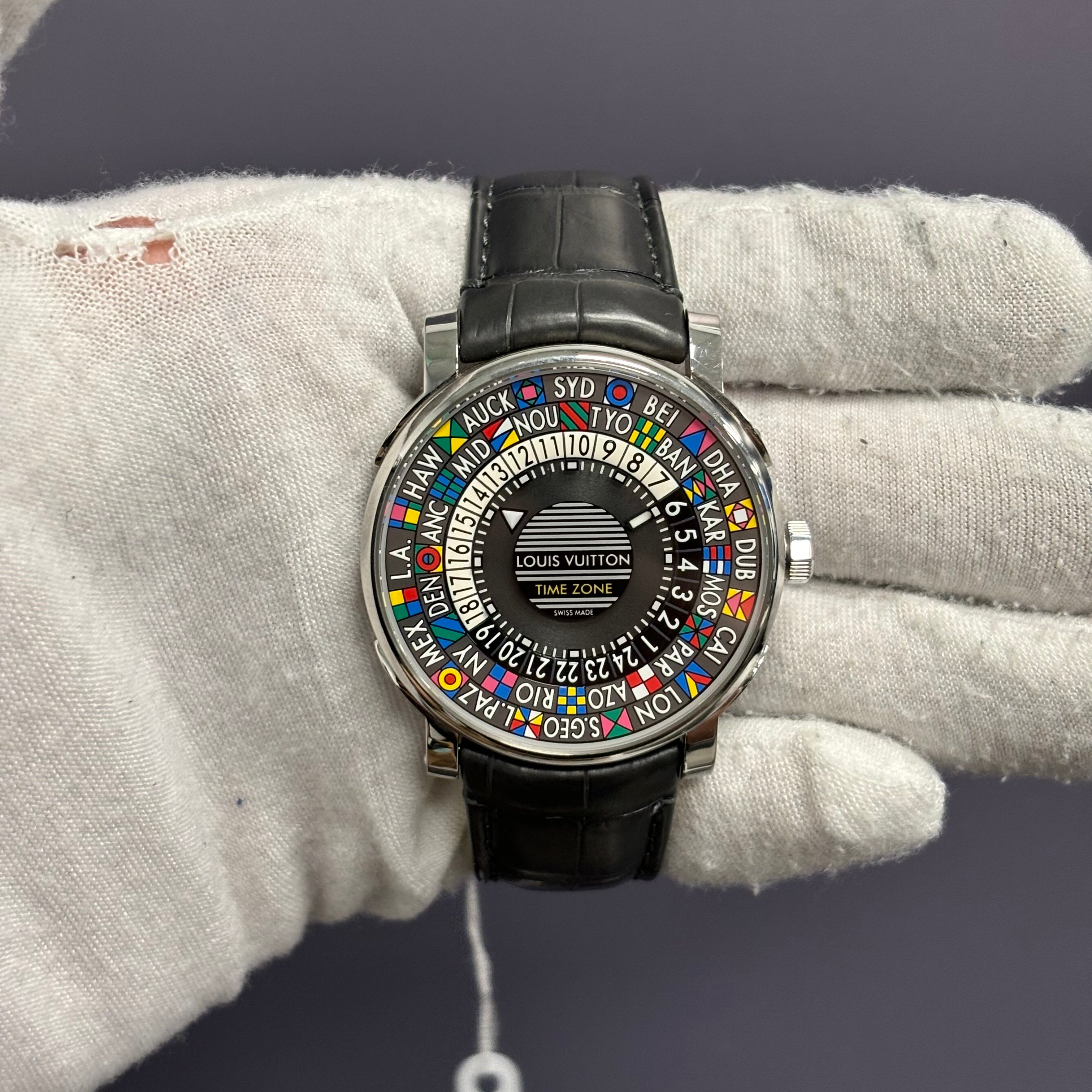 Louis Vuitton Timezone 39mm Black Dial Watch Ref# Q5D20 - Happy Jewelers Fine Jewelry Lifetime Warranty