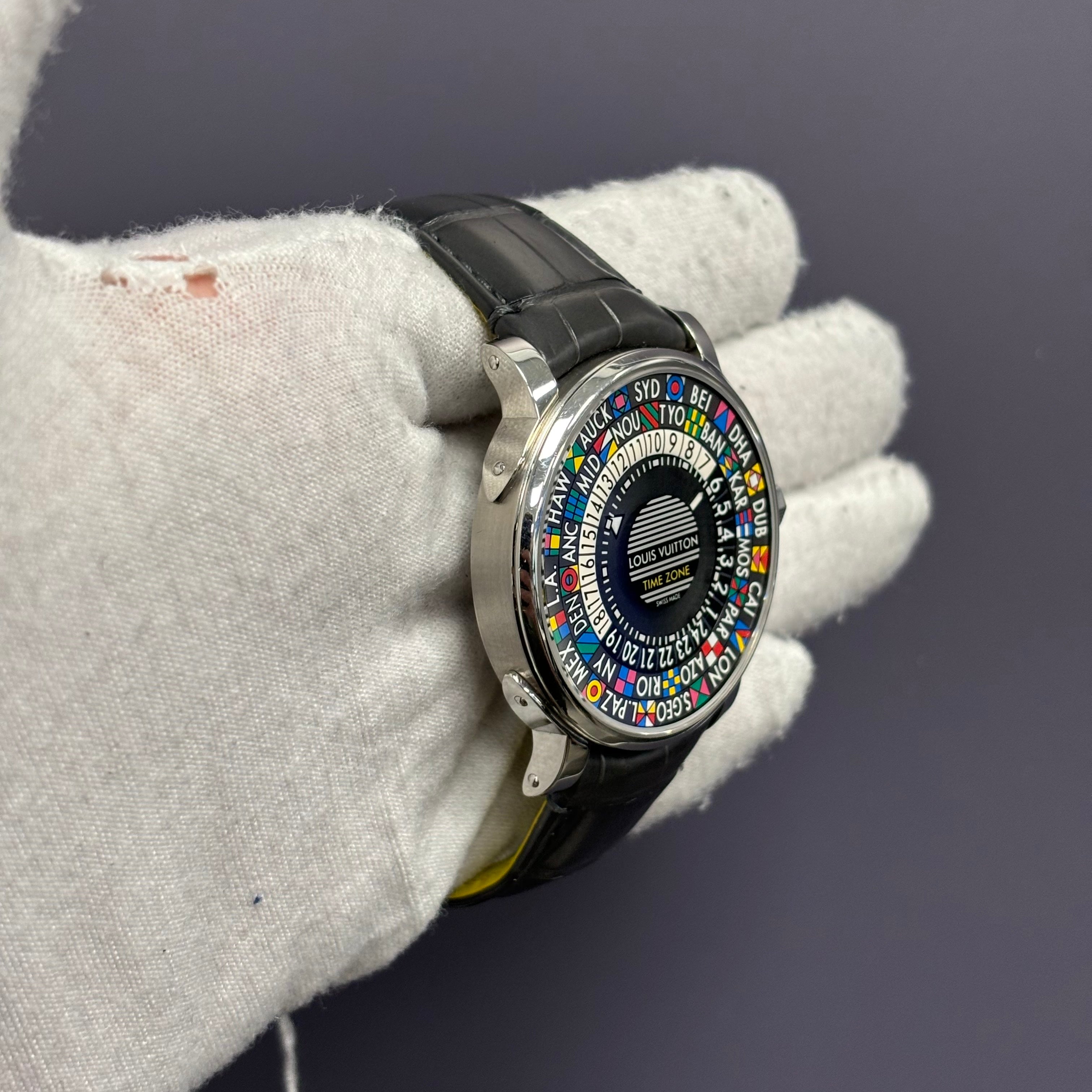 Louis Vuitton Timezone 39mm Black Dial Watch Ref# Q5D20 - Happy Jewelers Fine Jewelry Lifetime Warranty