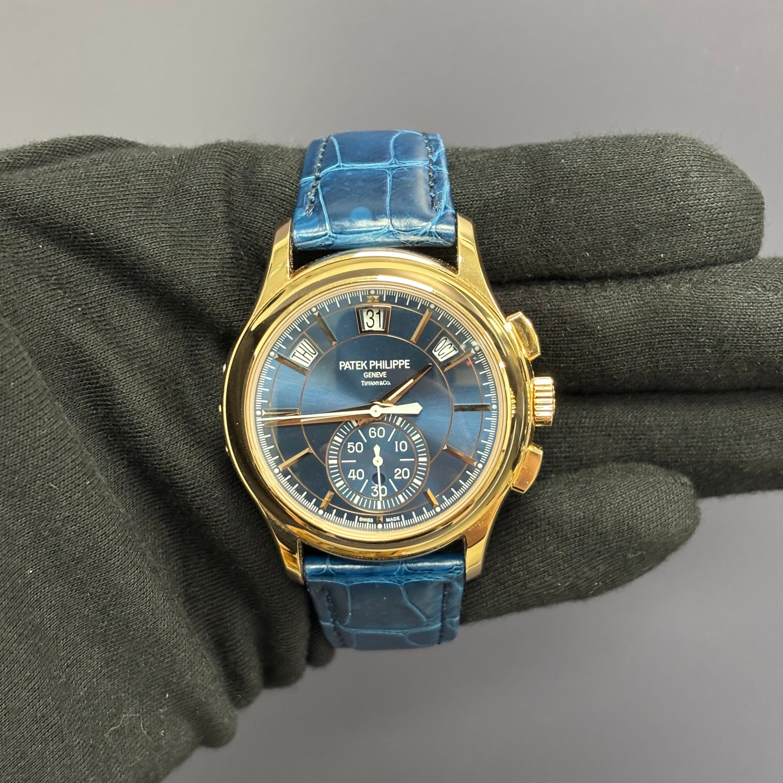 Patek Philippe Annual Calendar Tiffany & Co. 42mm Blue Dial Watch Ref# 5905R-010 - Happy Jewelers Fine Jewelry Lifetime Warranty