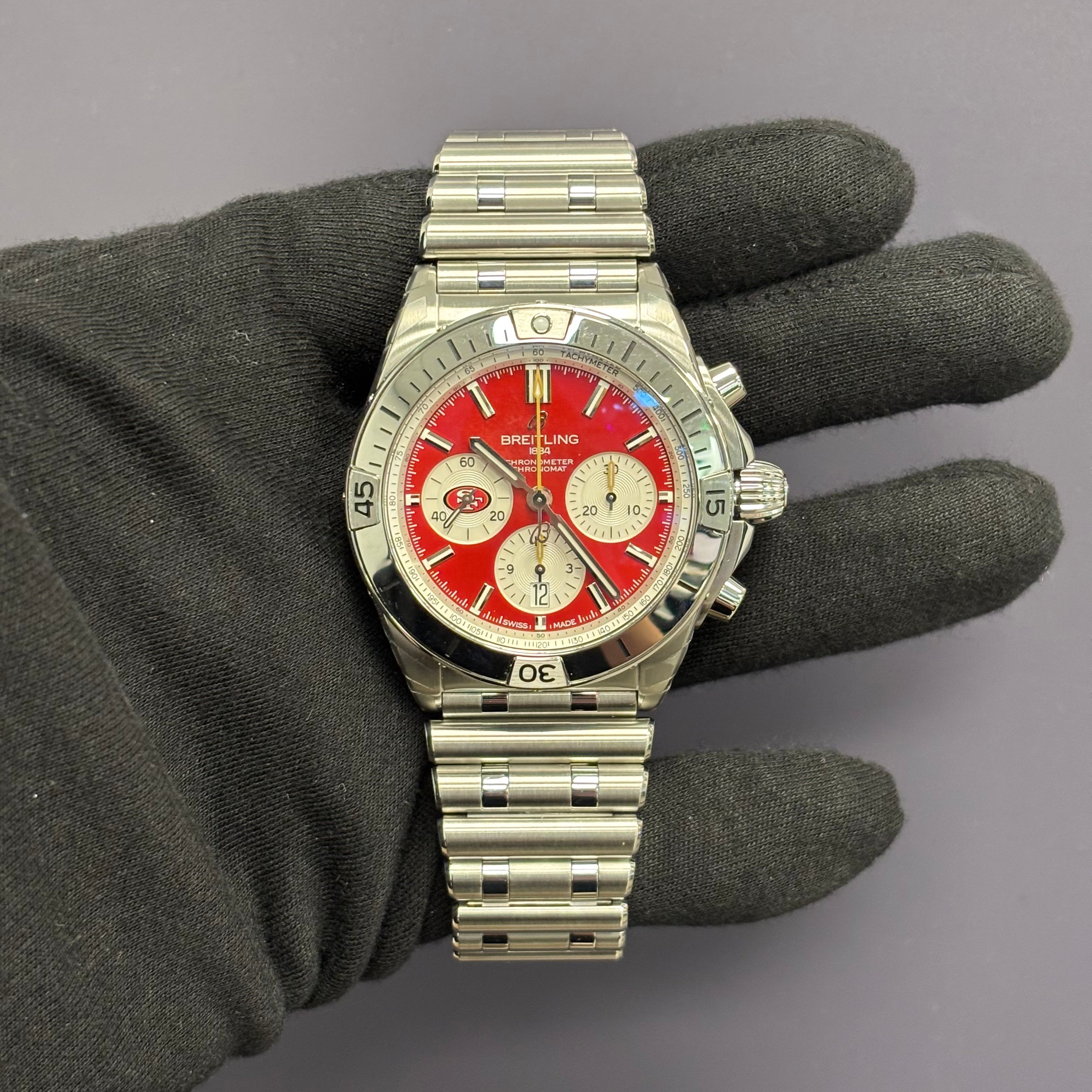 Breitling Chronomat 42mm Red Dial Watch Ref# AB0134 - Happy Jewelers Fine Jewelry Lifetime Warranty