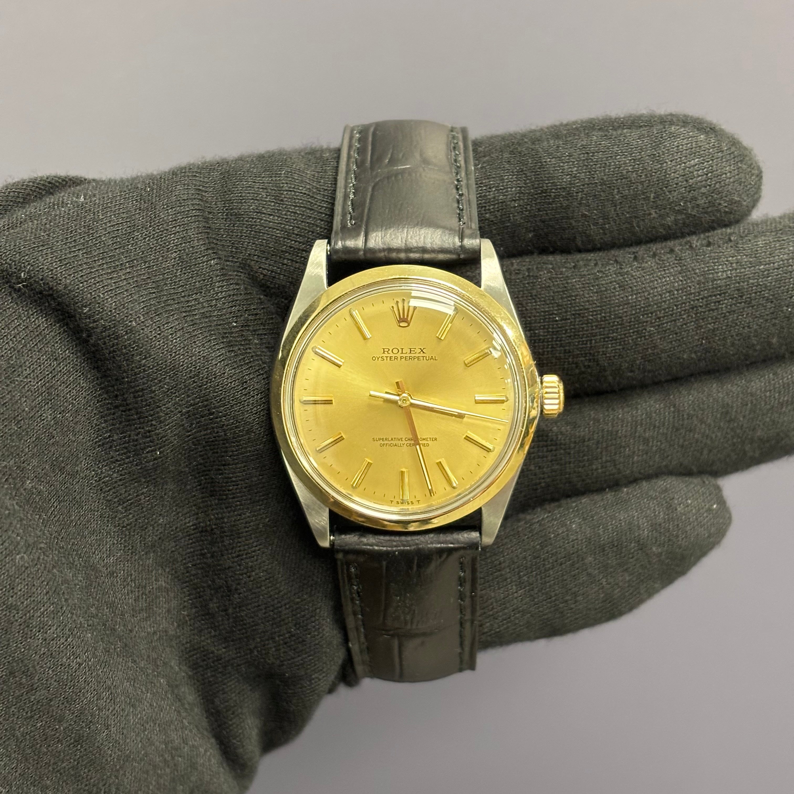 Rolex Oyster Perpetual 34mm Champagne Dial Watch Ref# 1002 - Happy Jewelers Fine Jewelry Lifetime Warranty