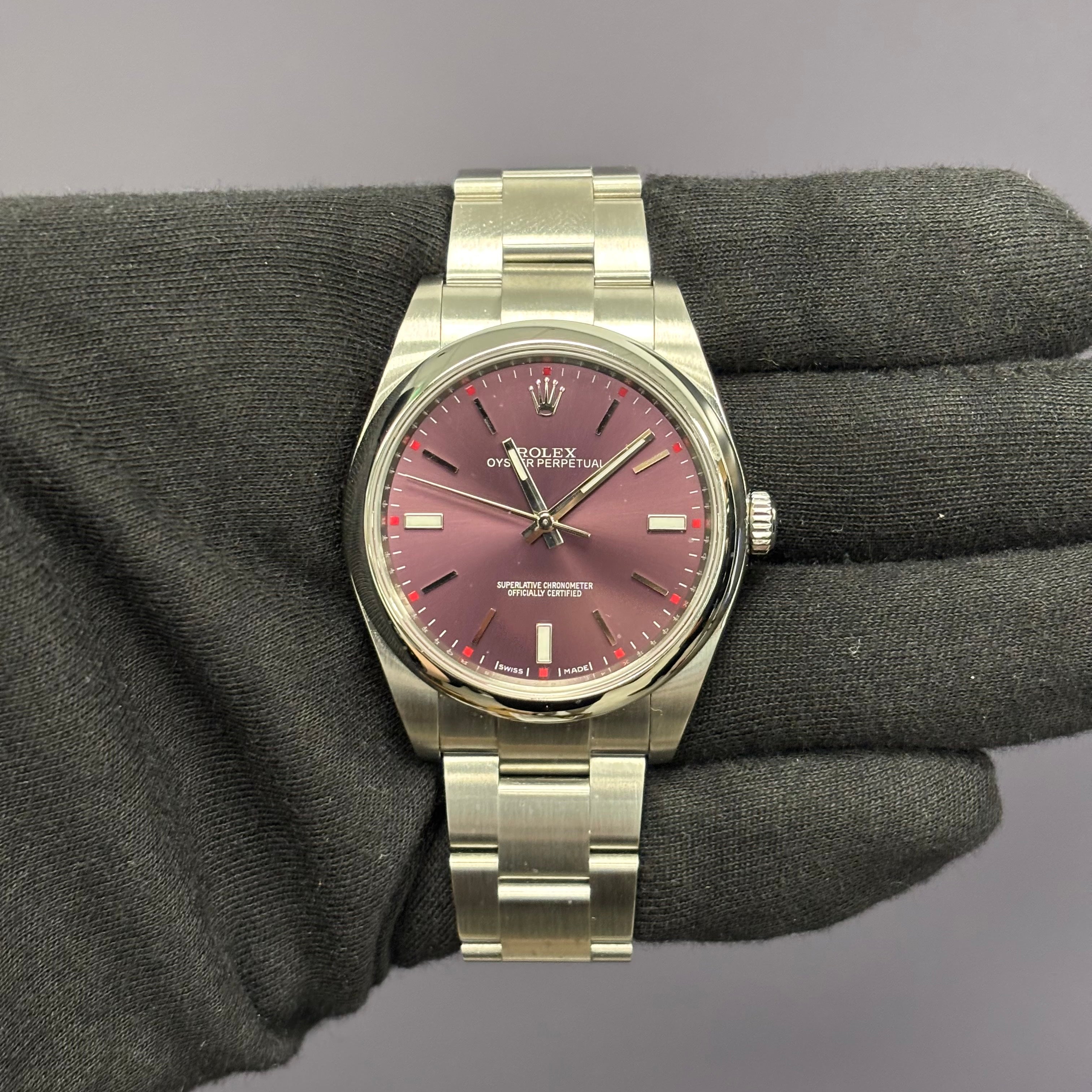 Rolex Oyster Perpetual 39mm Red Grape Dial Watch Ref# 114300 - Happy Jewelers Fine Jewelry Lifetime Warranty