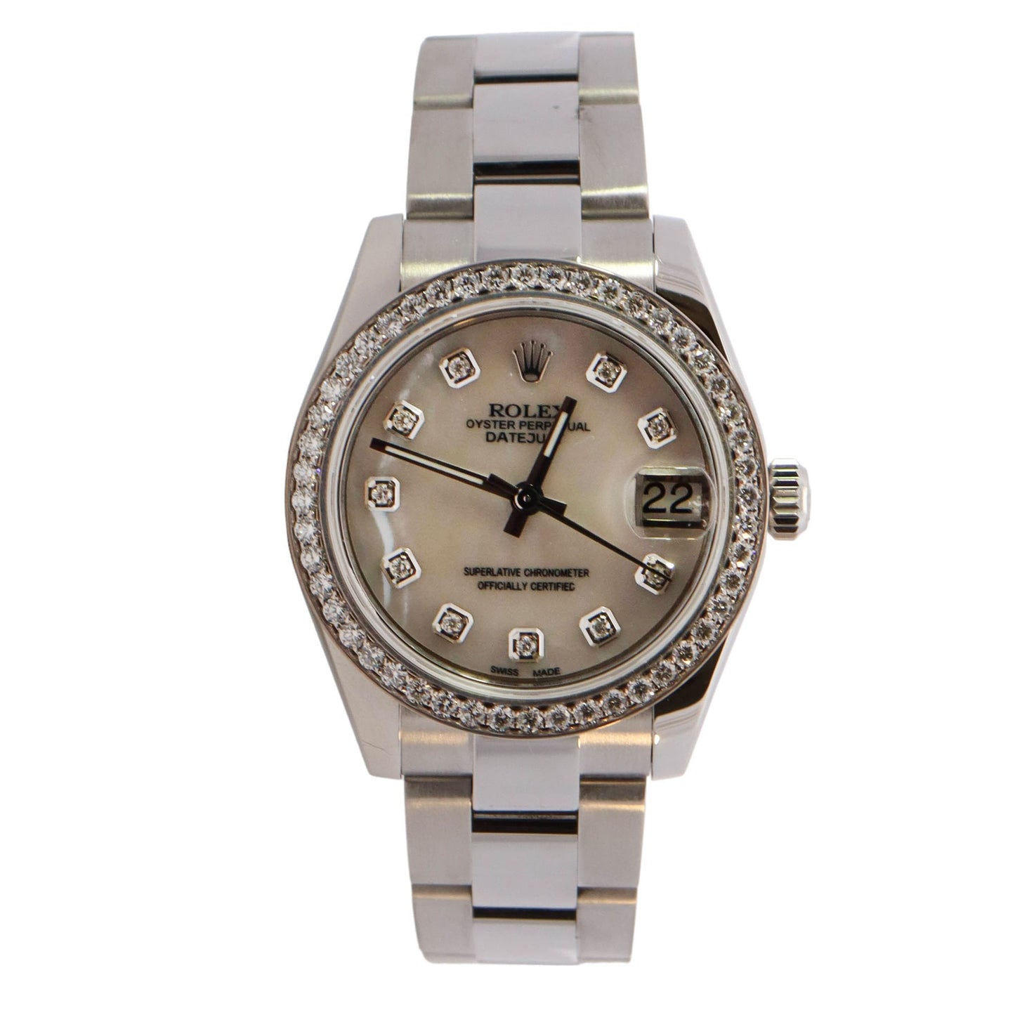 Rolex Datejust Stainless Steel 31mm Custom White Mop Diamond Dial Watch Reference# 174240