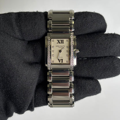 Patek Philippe Twenty-4 TIFFANY & CO. 25mm White Dial Watch Ref# 4910/10A-011 - Happy Jewelers Fine Jewelry Lifetime Warranty