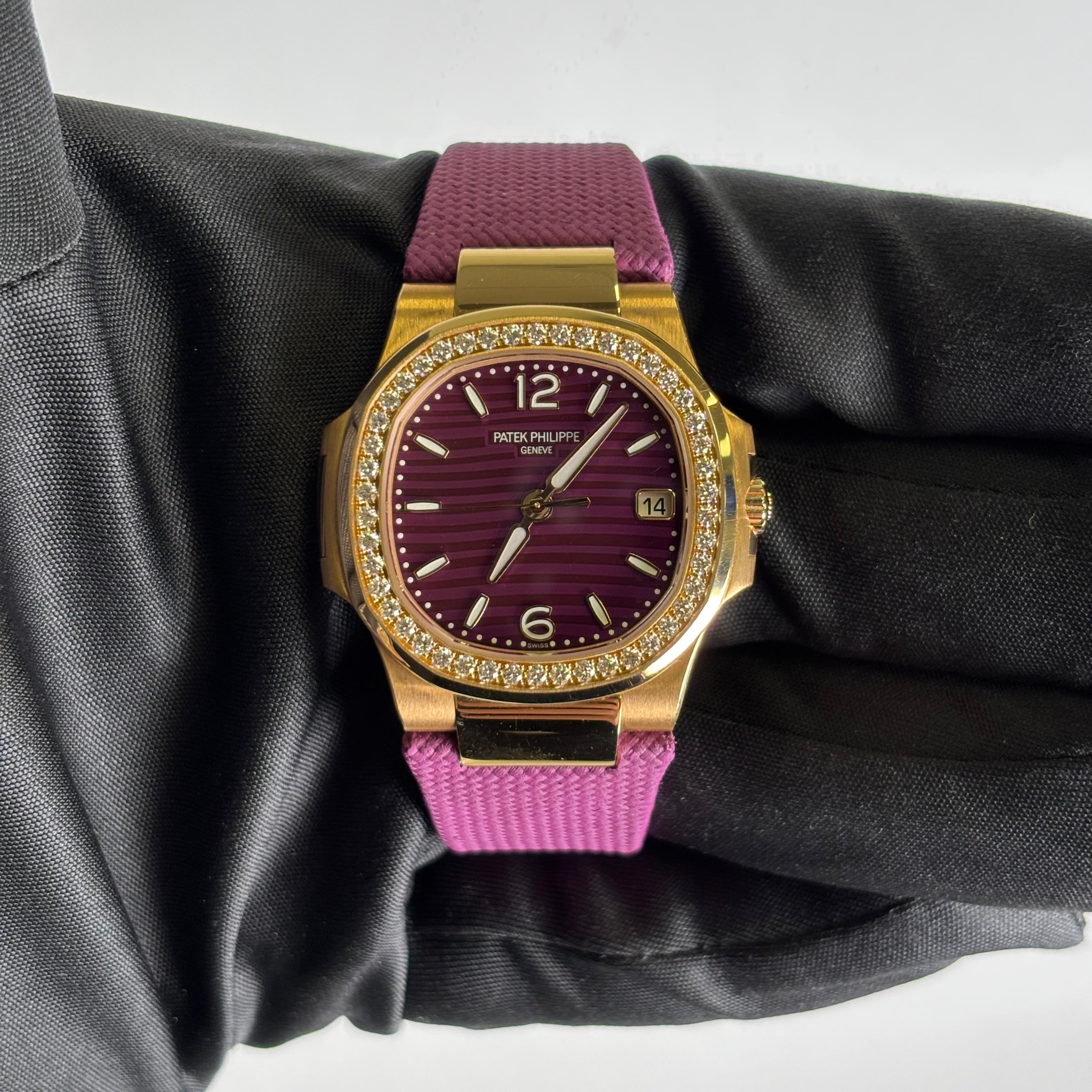 Patek Philippe Nautilus 32mm Purple Dial Watch Ref# 7010R-013 - Happy Jewelers Fine Jewelry Lifetime Warranty