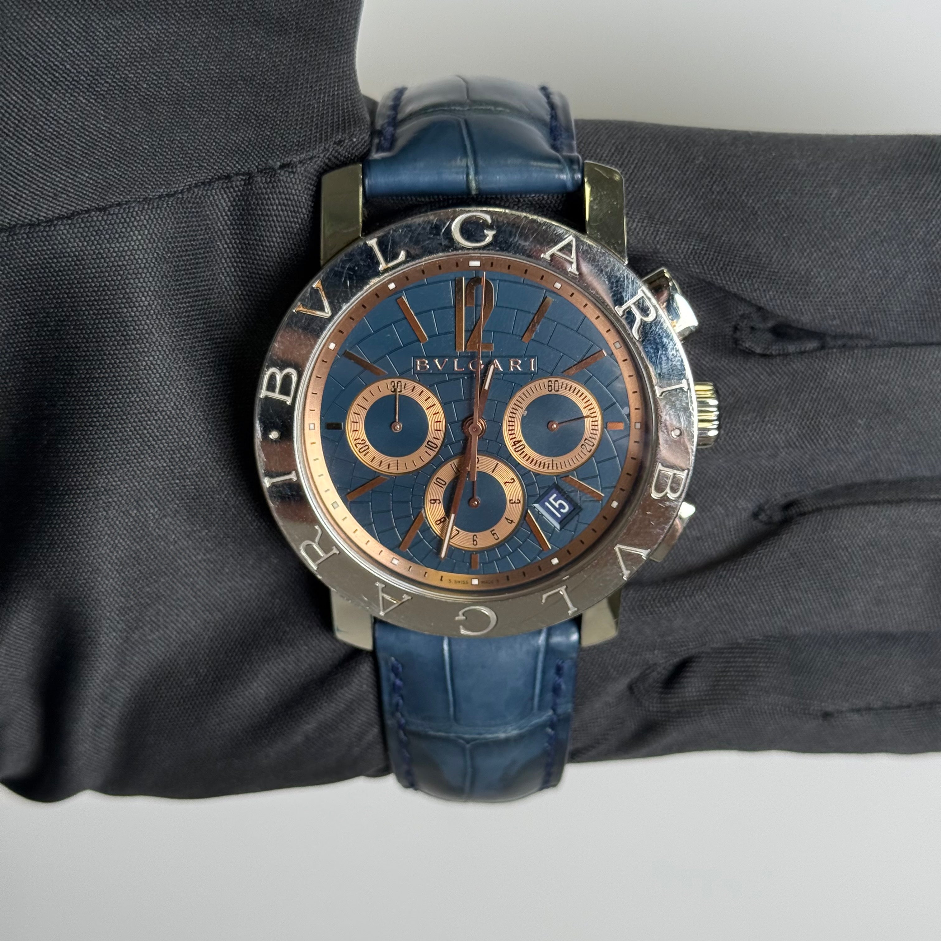 Bvlgari Chronograph 42mm Blue Dial Watch Ref# BB 42 SL CH - Happy Jewelers Fine Jewelry Lifetime Warranty