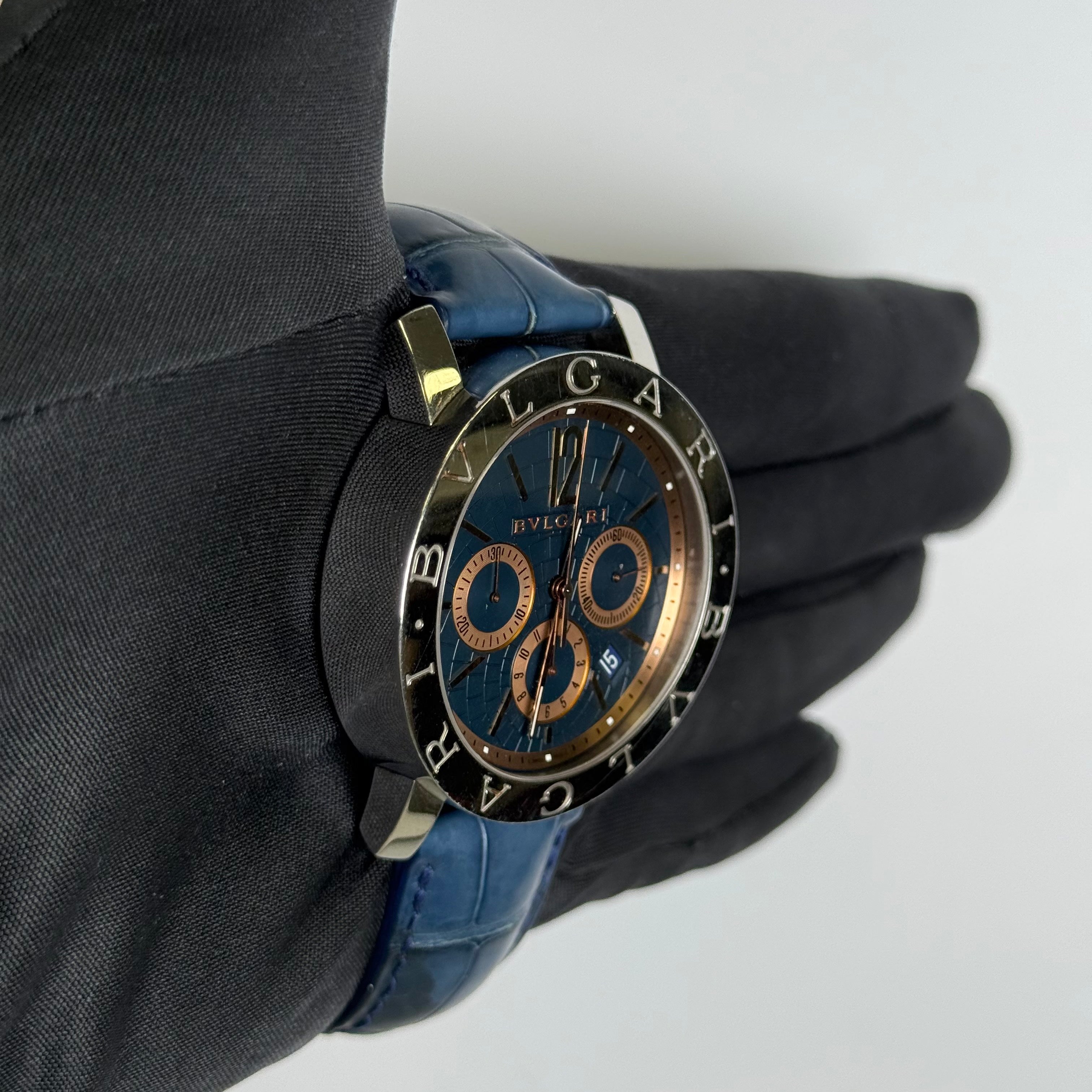 Bvlgari Chronograph 42mm Blue Dial Watch Ref# BB 42 SL CH - Happy Jewelers Fine Jewelry Lifetime Warranty