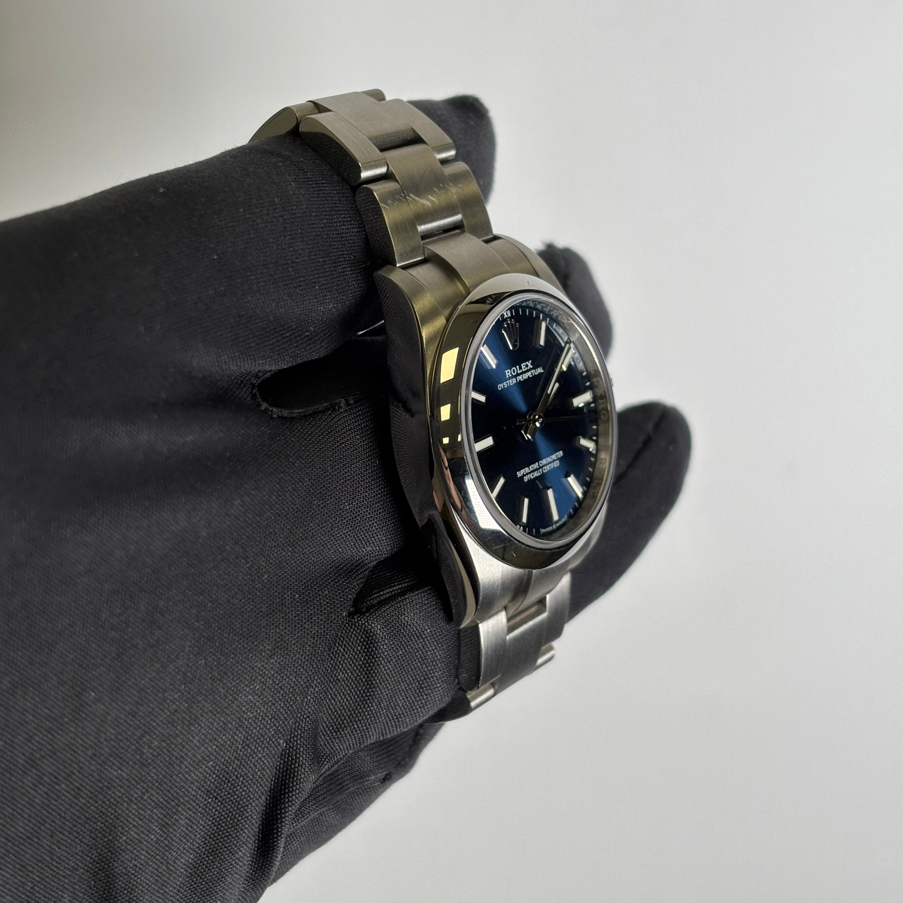 Rolex Oyster Perpetual 34mm Blue Dial Watch Ref# 124200 - Happy Jewelers Fine Jewelry Lifetime Warranty