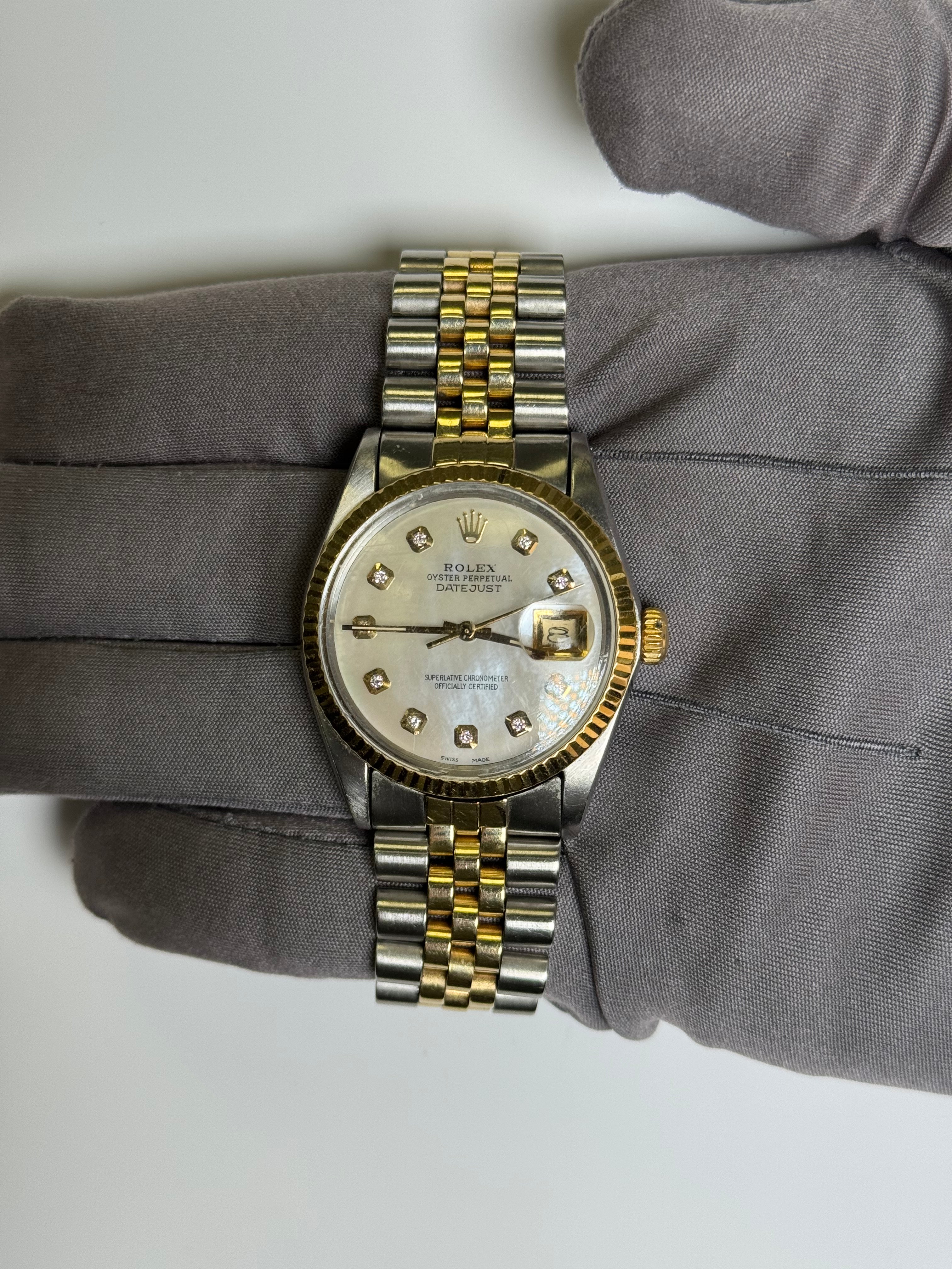 Rolex Datejust 36mm Two Tone Yellow Gold and Stainless Steel Watch, White MOP Dial, Fluted Bezel, Two Tone Jubilee Bracelet - Happy Jewelers Fine Jewelry Lifetime Warranty