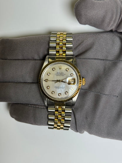Rolex Datejust 36mm Two Tone Yellow Gold and Stainless Steel Watch, White MOP Dial, Fluted Bezel, Two Tone Jubilee Bracelet - Happy Jewelers Fine Jewelry Lifetime Warranty