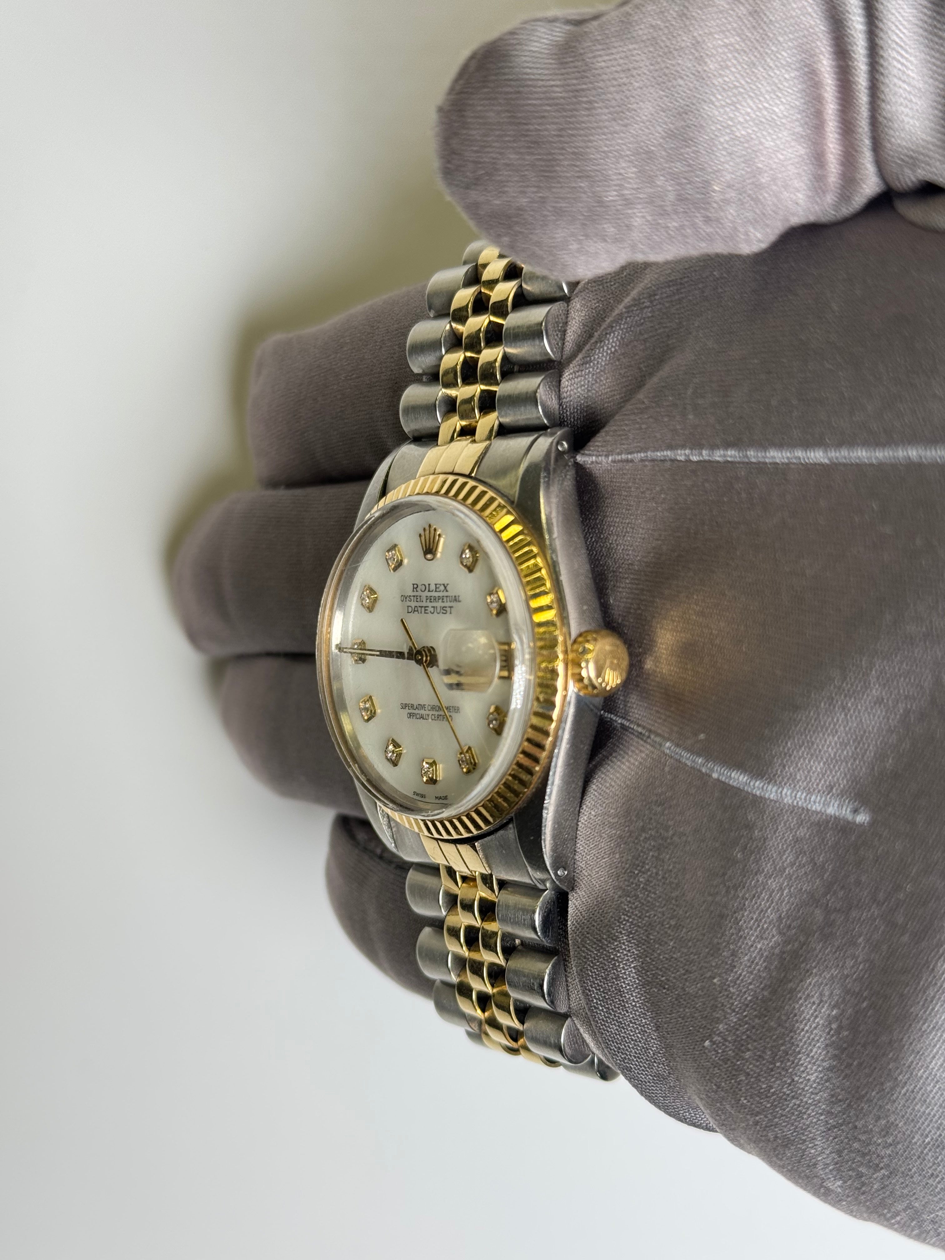 Rolex Datejust 36mm Two Tone Yellow Gold and Stainless Steel Watch, White MOP Dial, Fluted Bezel, Two Tone Jubilee Bracelet - Happy Jewelers Fine Jewelry Lifetime Warranty