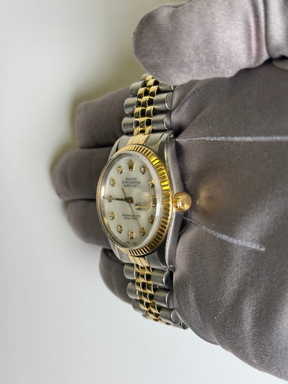 Rolex Datejust 36mm Two Tone Yellow Gold and Stainless Steel Watch, White MOP Dial, Fluted Bezel, Two Tone Jubilee Bracelet - Happy Jewelers Fine Jewelry Lifetime Warranty
