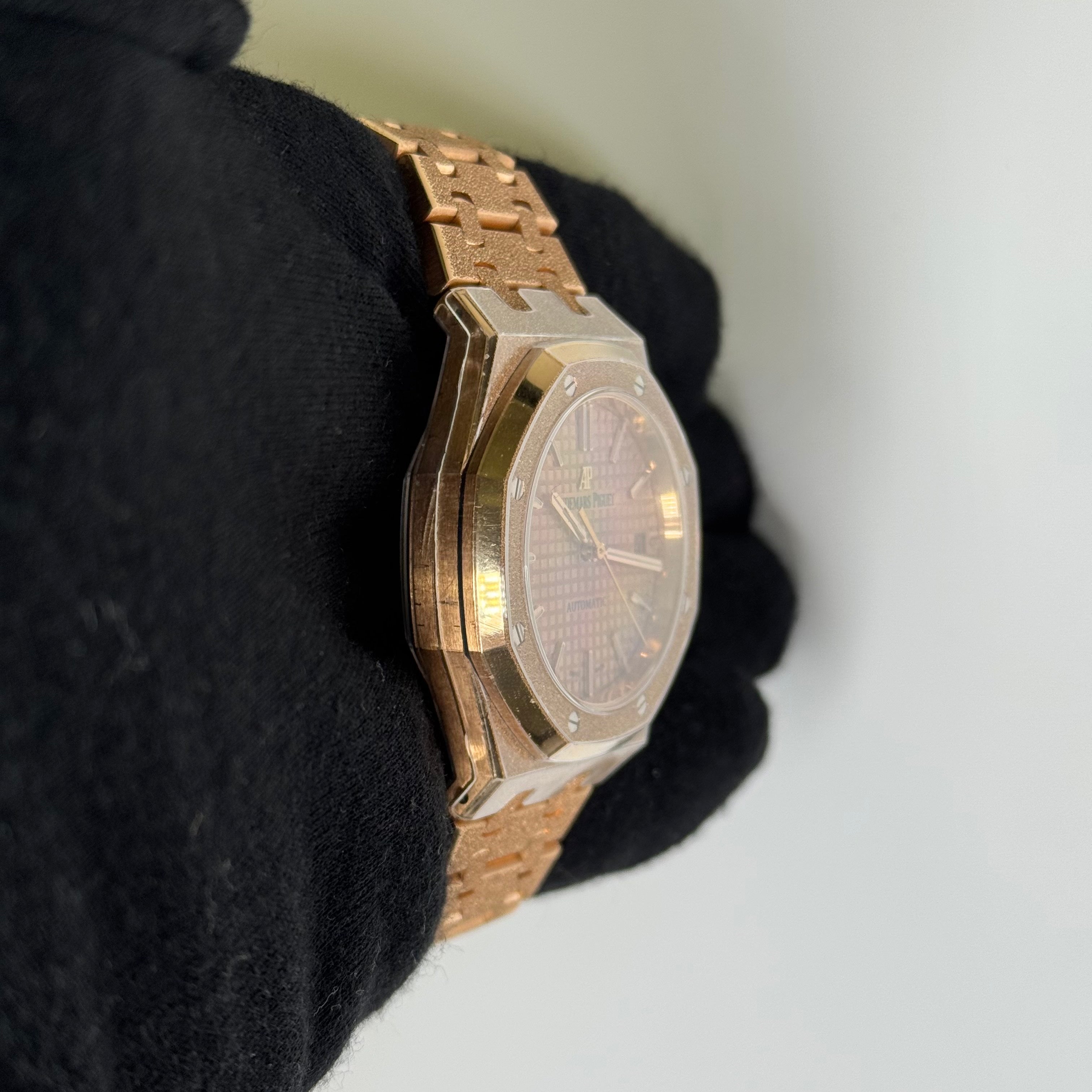 Audemars Piguet Royal Oak Frosted Rose Gold Salmon Stick Dial Watch Reference# 15454OR.GG.1259OR.03 - Happy Jewelers Fine Jewelry Lifetime Warranty
