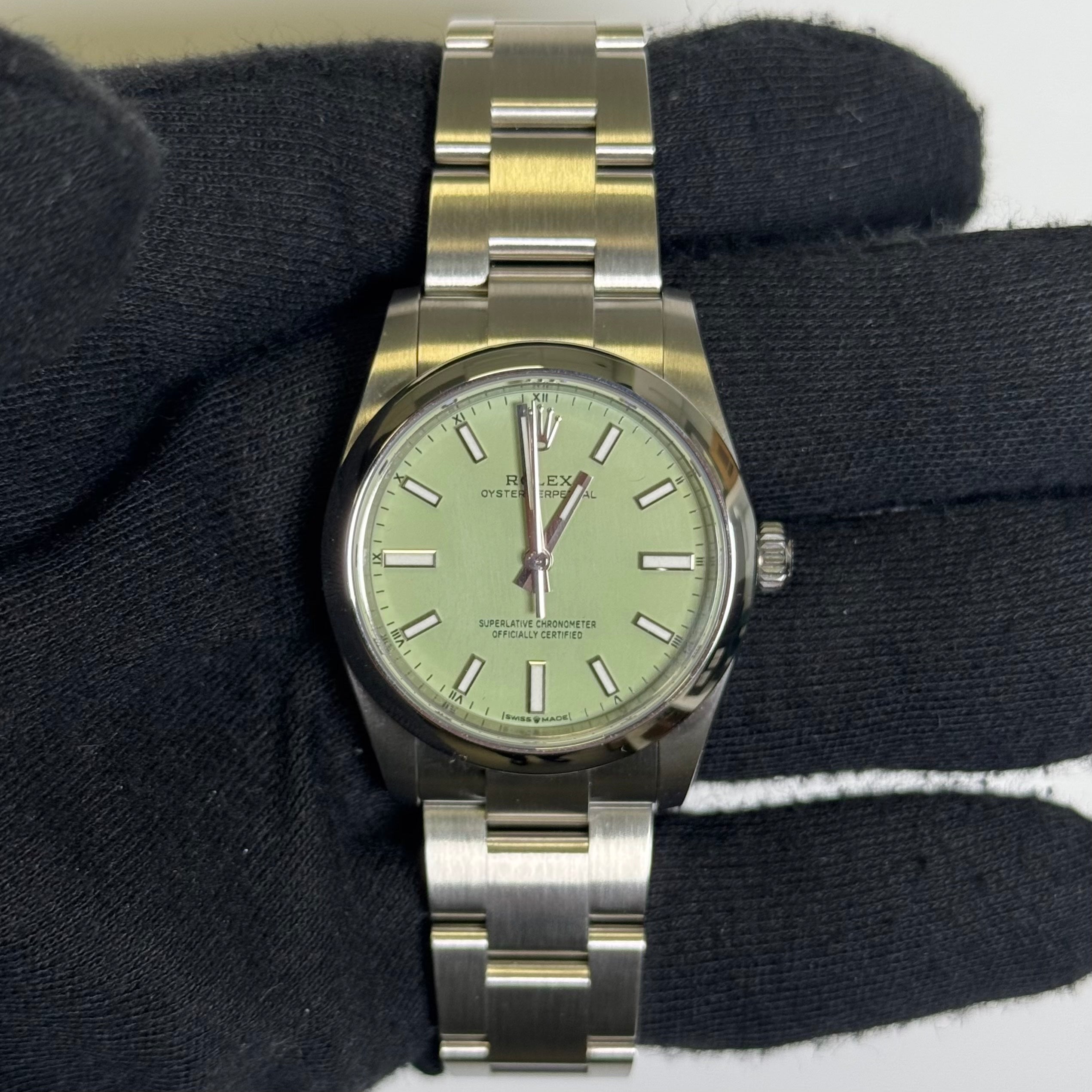 Rolex Oyster Perpetual 34mm Pistachio Dial Watch Ref# 124200 - Happy Jewelers Fine Jewelry Lifetime Warranty