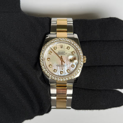 Rolex Unisex Datejust 18KT Yellow Gold & Steel 36mm MOP Diamond Dial Watch Custom Diamond Bezel on Oyster Bracelet - Happy Jewelers Fine Jewelry Lifetime Warranty