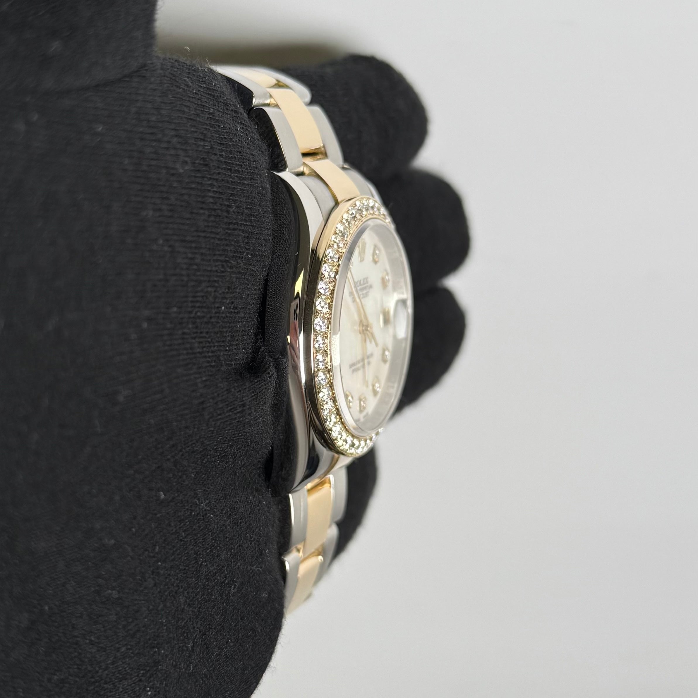 Rolex Unisex Datejust 18KT Yellow Gold & Steel 36mm MOP Diamond Dial Watch Custom Diamond Bezel on Oyster Bracelet - Happy Jewelers Fine Jewelry Lifetime Warranty