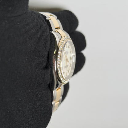 Rolex Unisex Datejust 18KT Yellow Gold & Steel 36mm MOP Diamond Dial Watch Custom Diamond Bezel on Oyster Bracelet - Happy Jewelers Fine Jewelry Lifetime Warranty