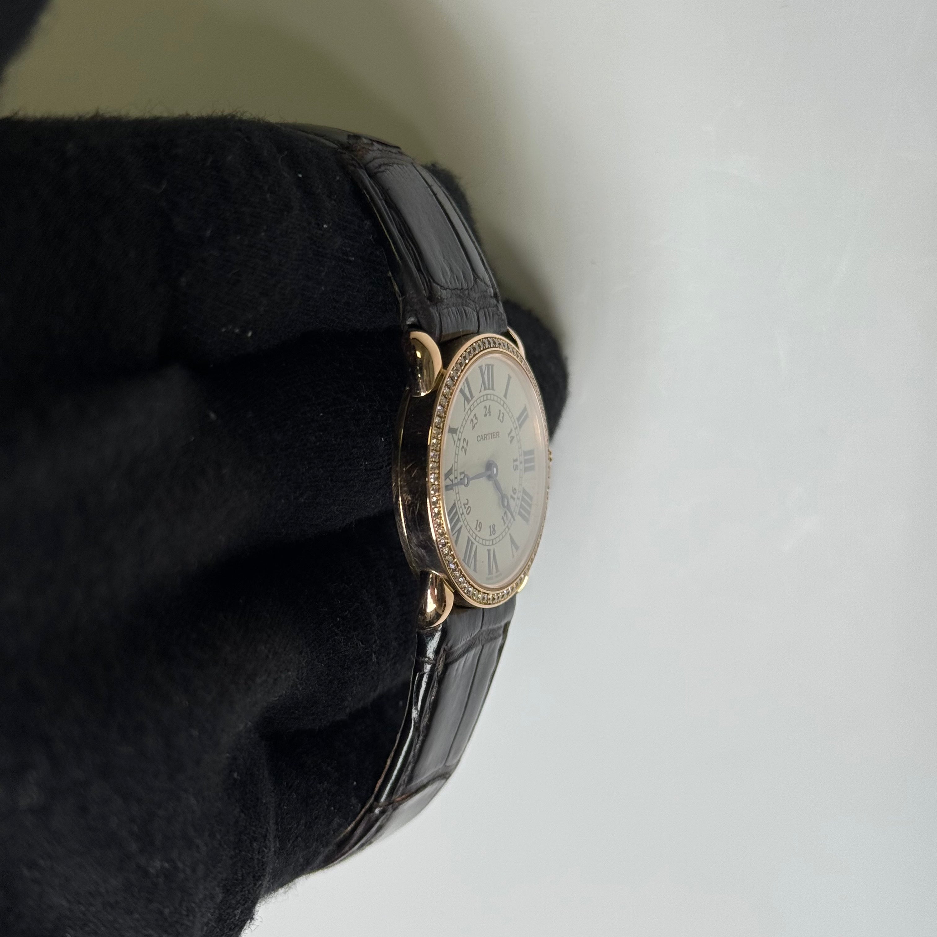 Cartier Ronde Louis 28mm 18K Rose Gold Cream Roman Dial Watch Factory Diamond Bezel With Black Leather Strap REF# 2886 - Happy Jewelers Fine Jewelry Lifetime Warranty