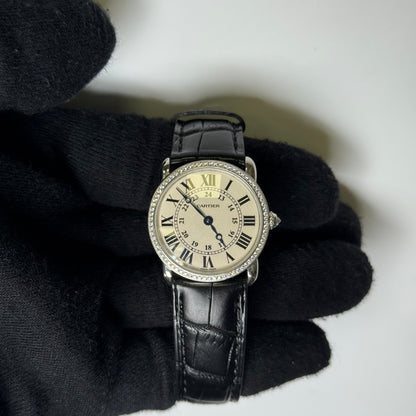 Cartier Ronde Louis 28mm 18K White Gold Cream Roman Dial Watch Factory Diamond Bezel With Black Leather Strap REF# 2887 - Happy Jewelers Fine Jewelry Lifetime Warranty