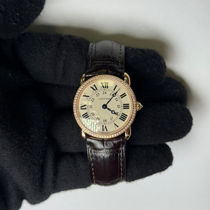 Cartier Ronde Louis 28mm 18K Rose Gold Cream Roman Dial Watch Factory Diamond Bezel With Black Leather Strap REF# 2886 - Happy Jewelers Fine Jewelry Lifetime Warranty