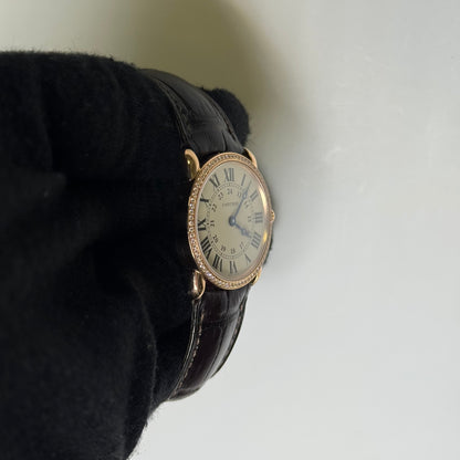 Cartier Ronde Louis 28mm 18K Rose Gold Cream Roman Dial Watch Factory Diamond Bezel With Black Leather Strap REF# 2886 - Happy Jewelers Fine Jewelry Lifetime Warranty