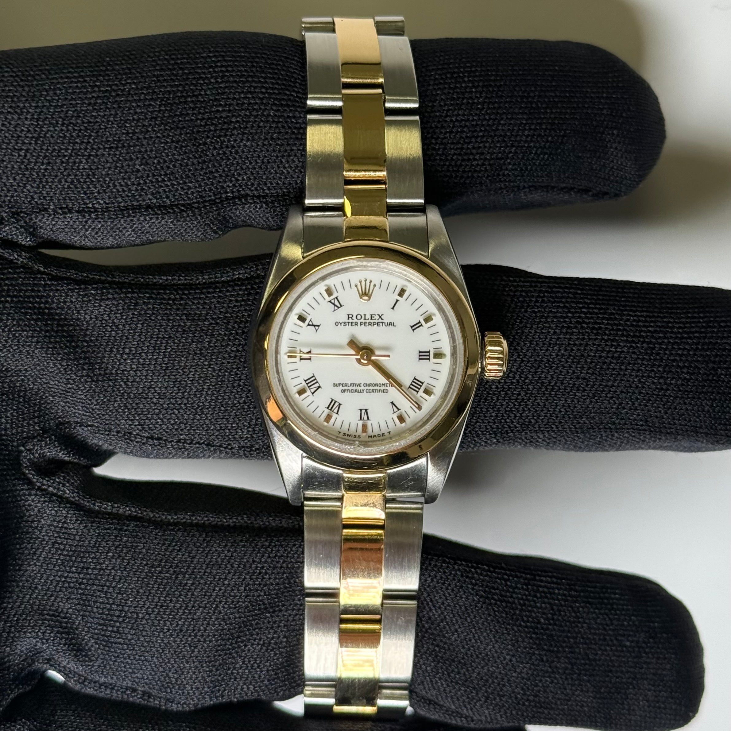 Rolex Oyster Perpetual 24mm Yellow Gold & Stainless Steel White Roman Dial Watch Reference# 67183 - Happy Jewelers Fine Jewelry Lifetime Warranty
