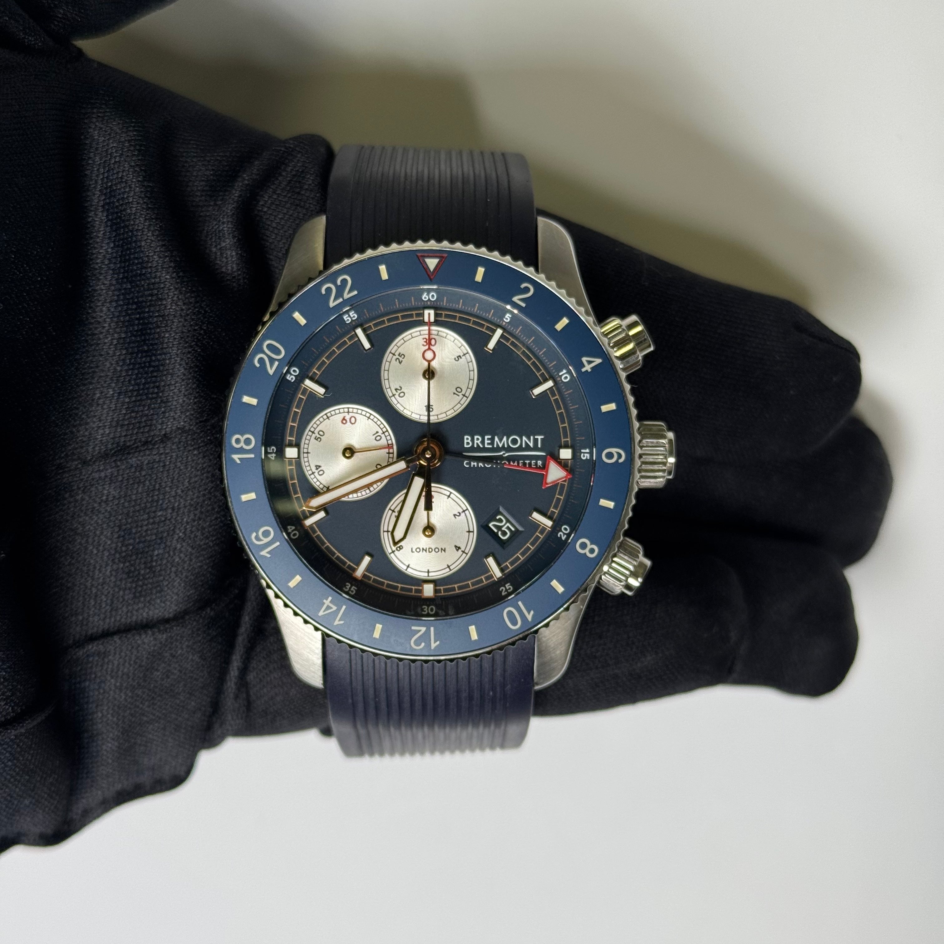 Bremont Supermarine Chronograph Stainless Steel 43mm Blue Stick Dial Watch Reference #: SMARINECHRONO - Happy Jewelers Fine Jewelry Lifetime Warranty
