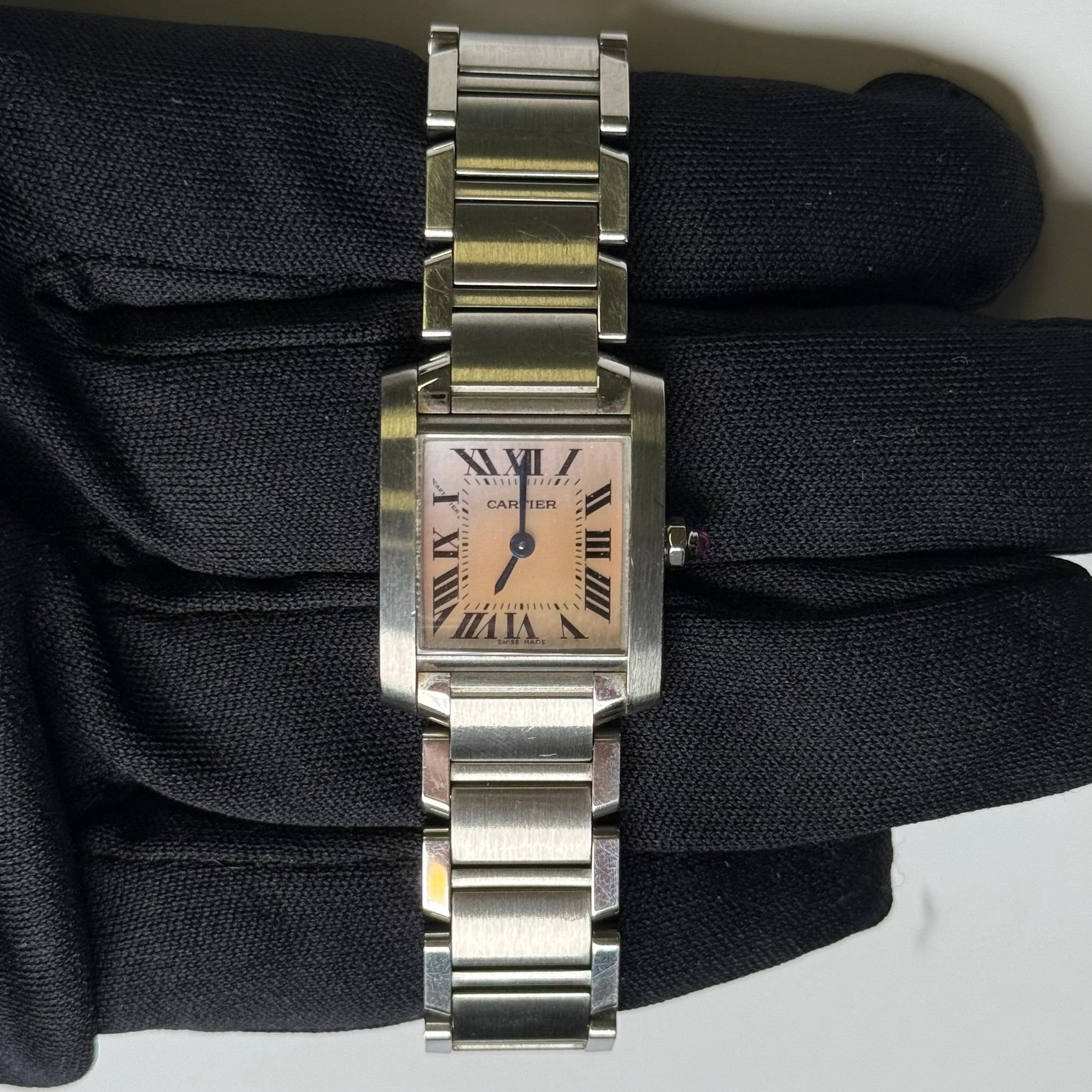 Cartier Tank Francaise 20x25mm Pink Mother of Pearl Dial Watch Reference #W51028Q3 - Happy Jewelers Fine Jewelry Lifetime Warranty