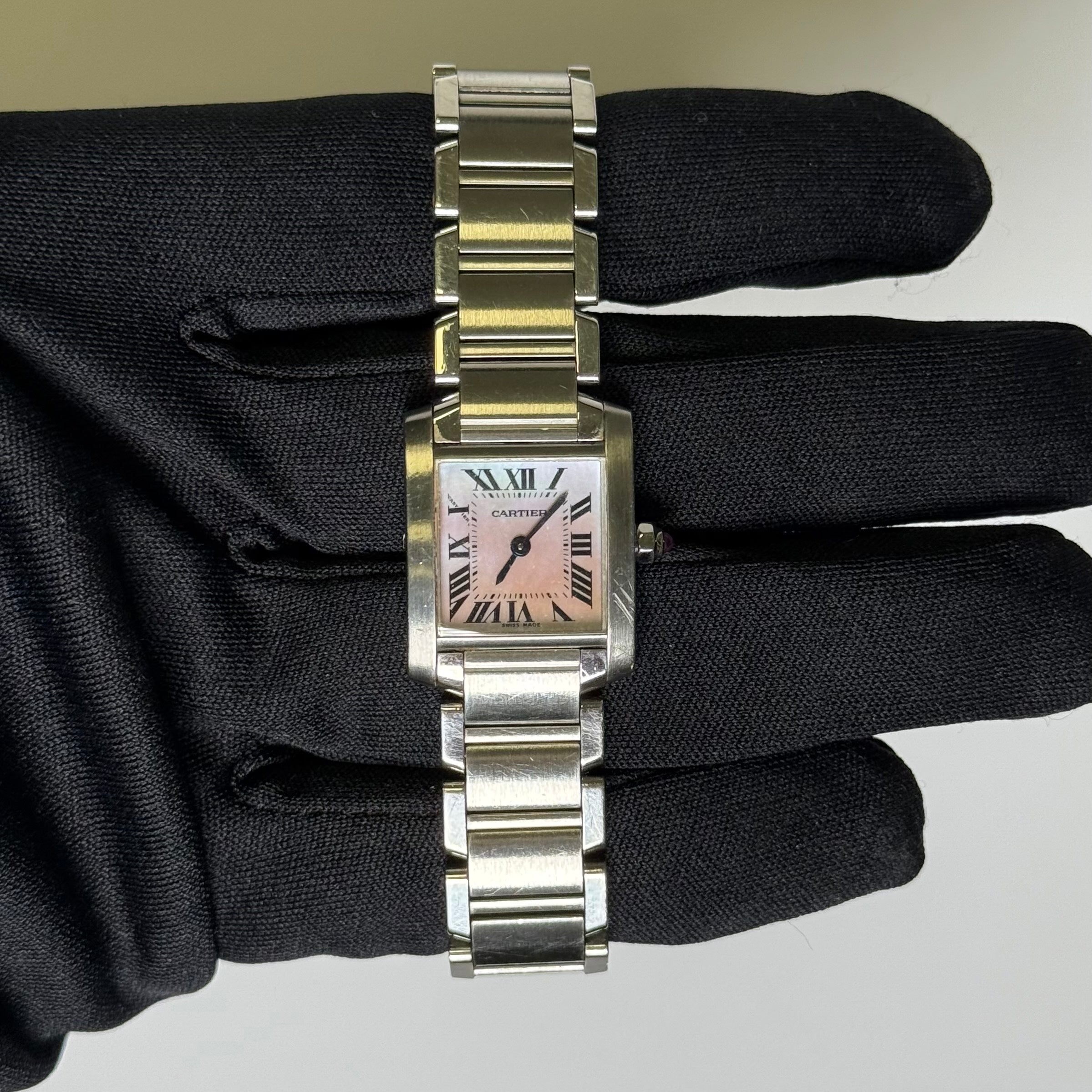 Cartier Tank Francaise 20x25mm Pink Mother of Pearl Dial Watch Reference #W51028Q3 - Happy Jewelers Fine Jewelry Lifetime Warranty