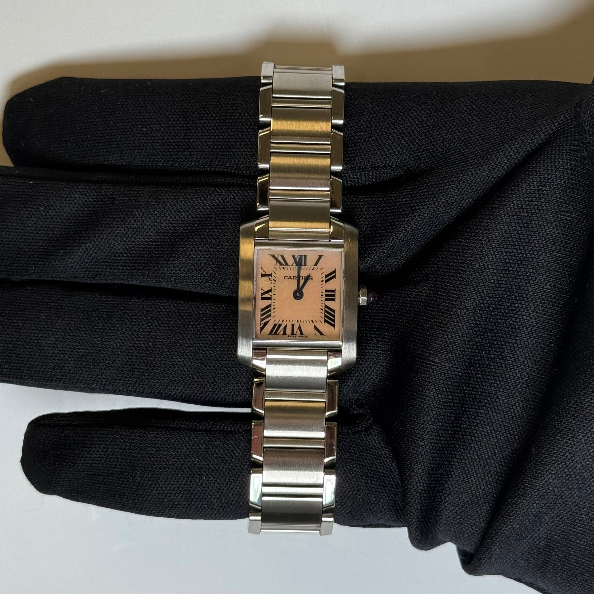 Cartier Tank Francaise 20x25mm Pink Mother of Pearl Dial Watch Reference #W51028Q3 - Happy Jewelers Fine Jewelry Lifetime Warranty