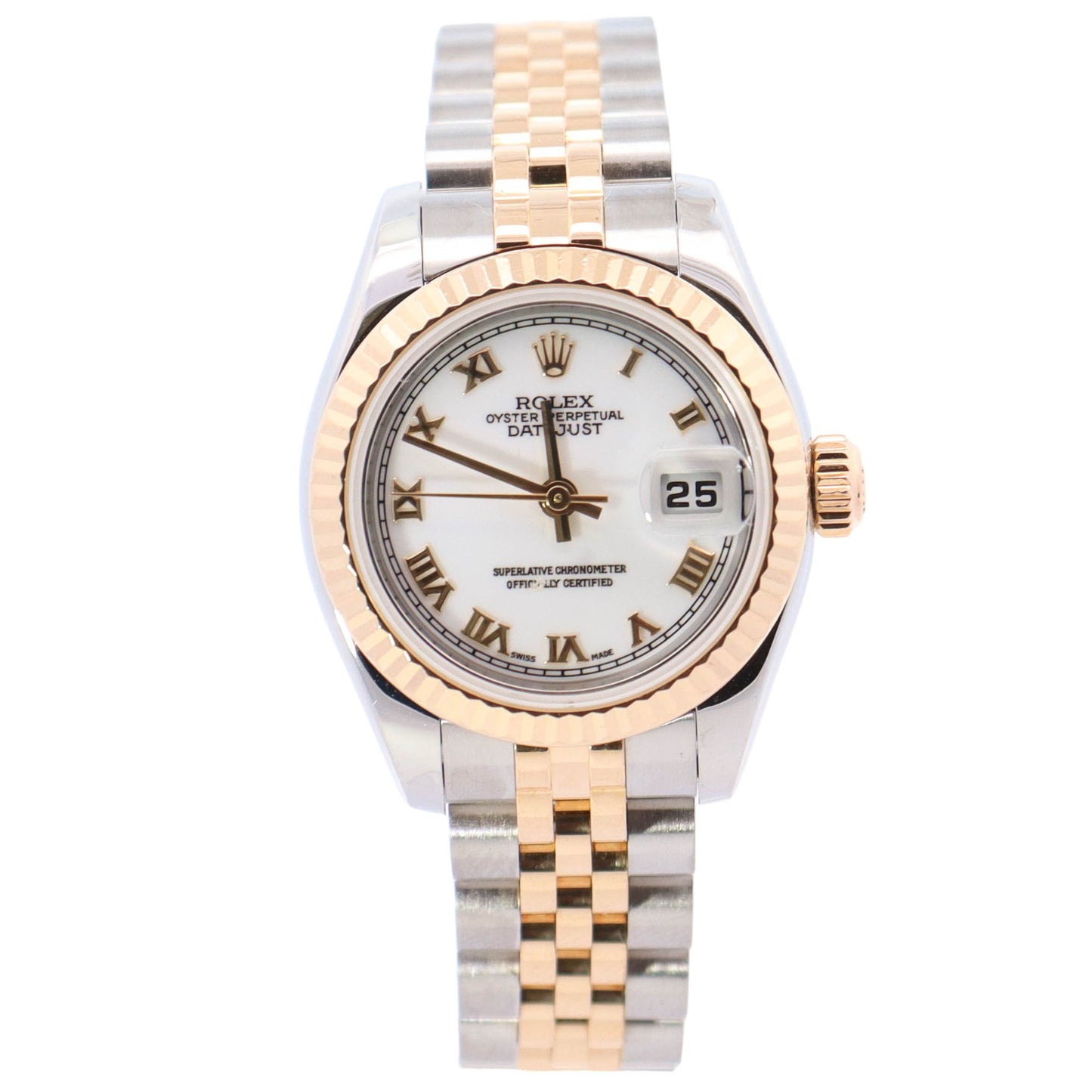 Rolex Datejust Two-Tone Stainless Steel & Yellow Gold 26mm White Roman Dial Watch Reference# 179173