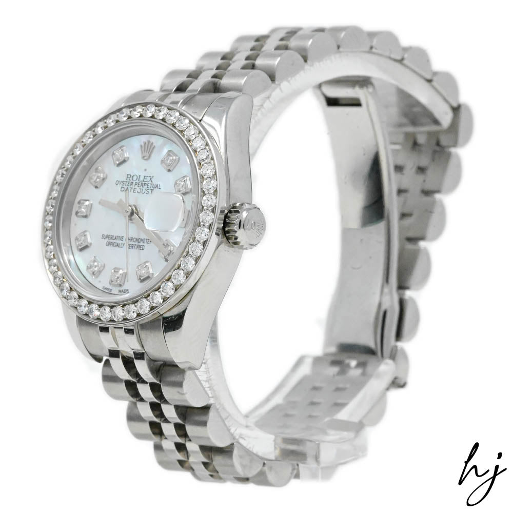 Rolex Datejust Stainlkess Steel 26mm White MOP Diamond Dial Watch Reference #: 179174 - Happy Jewelers Fine Jewelry Lifetime Warranty