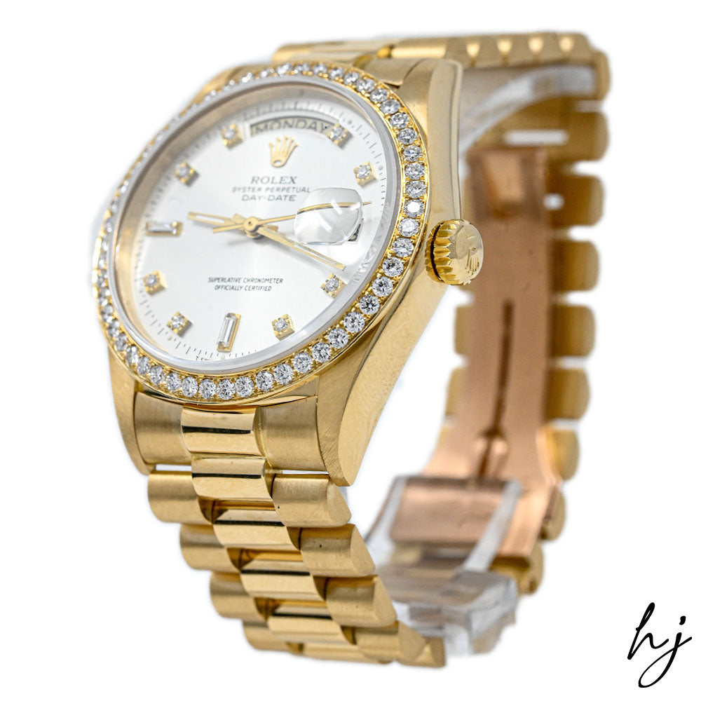 Rolex Unisex Day-Date 18K Yellow Gold 36mm Silver Diamond Dial Watch ALL FACTORY! Reference #: 18038 - Happy Jewelers Fine Jewelry Lifetime Warranty