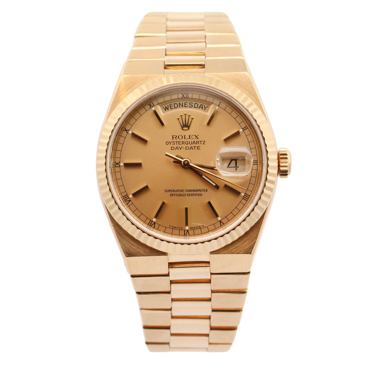 Rolex Oysterquartz Day-Date Yellow Gold 36mm Champagne Stick Dial Watch Reference# 19018