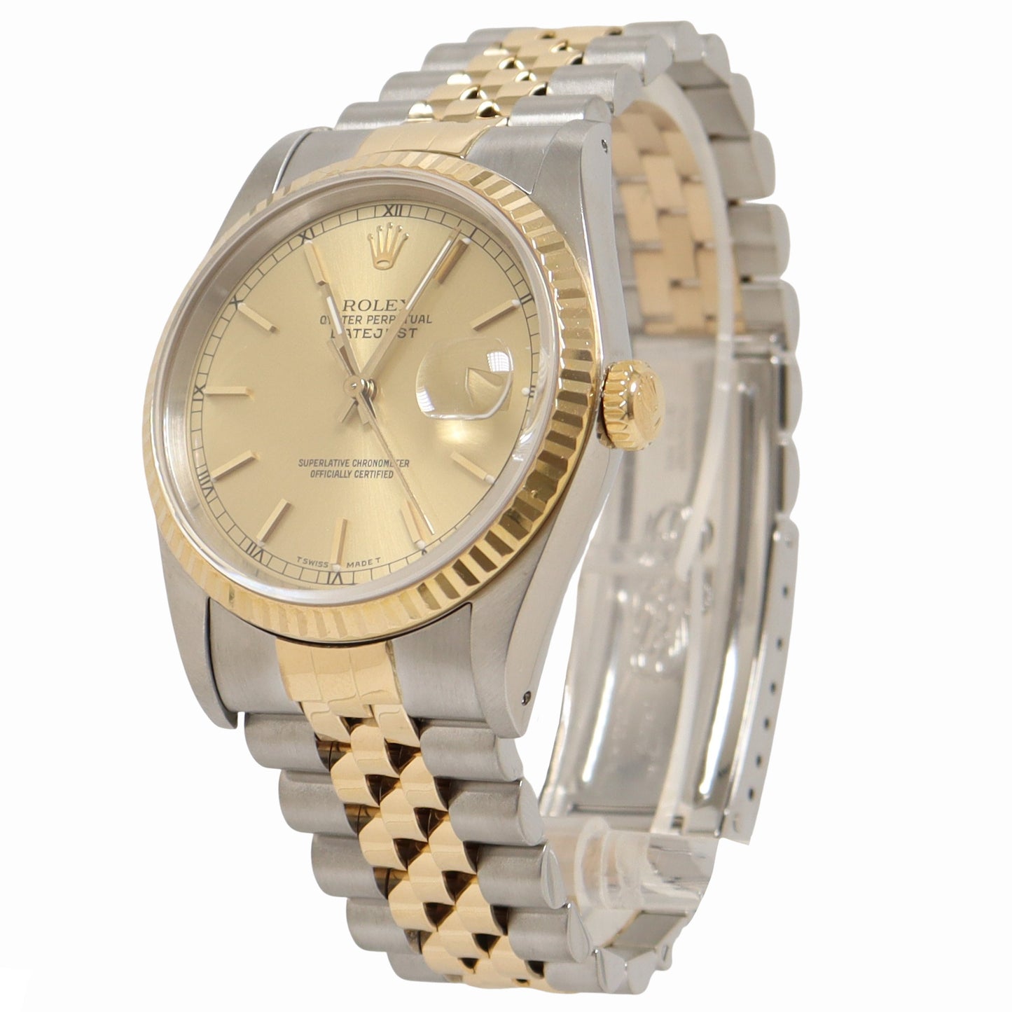 Rolex Datejust Two-Tone Stainless Steel & Yellow Gold 36mm Champagne Stick Dial Watch Reference #: 16233 - Happy Jewelers Fine Jewelry Lifetime Warranty