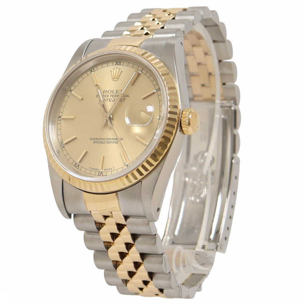 Rolex Datejust 36mm Two Tone Yellow Gold and Stainless Steel Champagne Stick Dial Watch Reference# 16233 - Happy Jewelers Fine Jewelry Lifetime Warranty