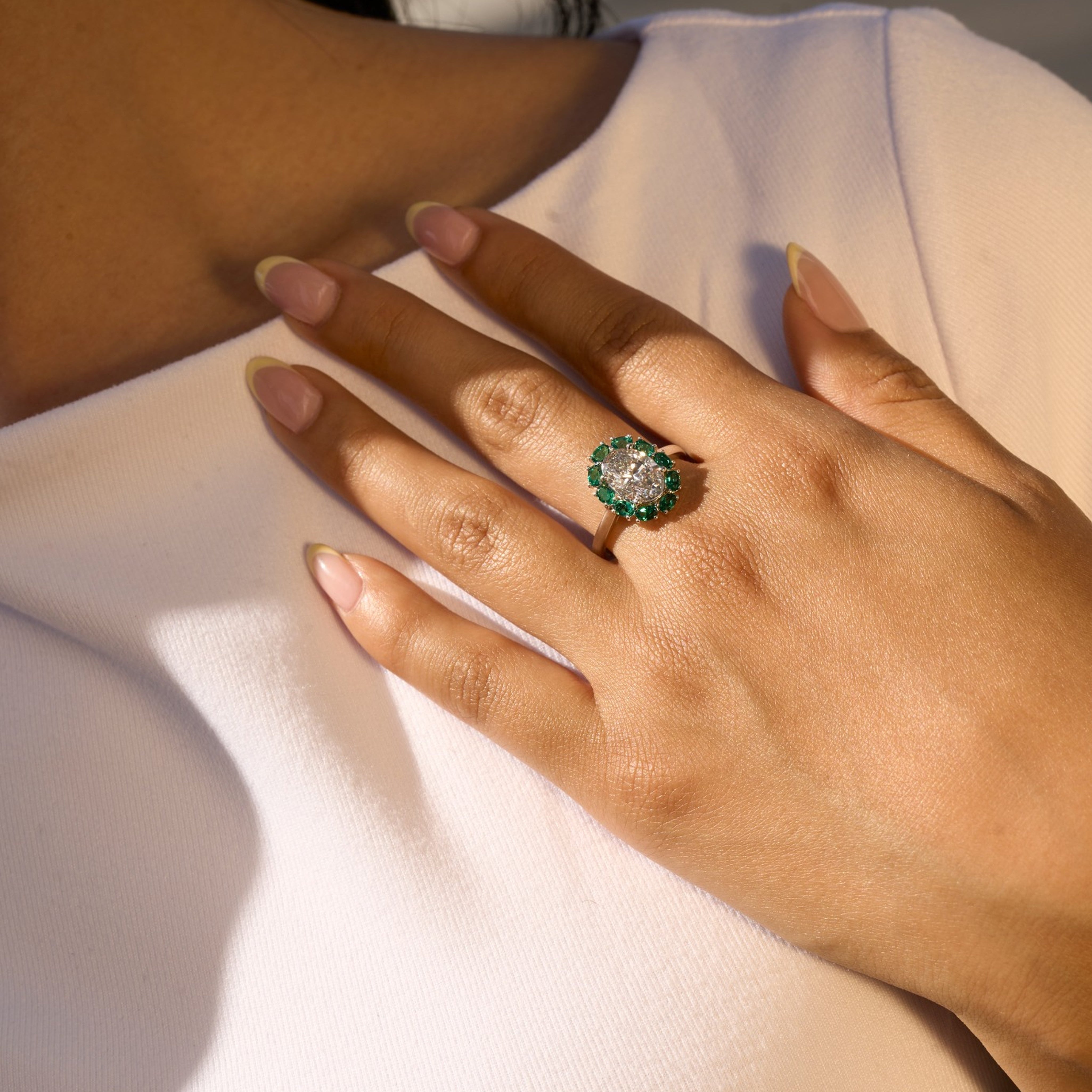 Labgrown Oval Cut Diamond and East West Emerald Halo Estate Ring - Happy Jewelers Fine Jewelry Lifetime Warranty