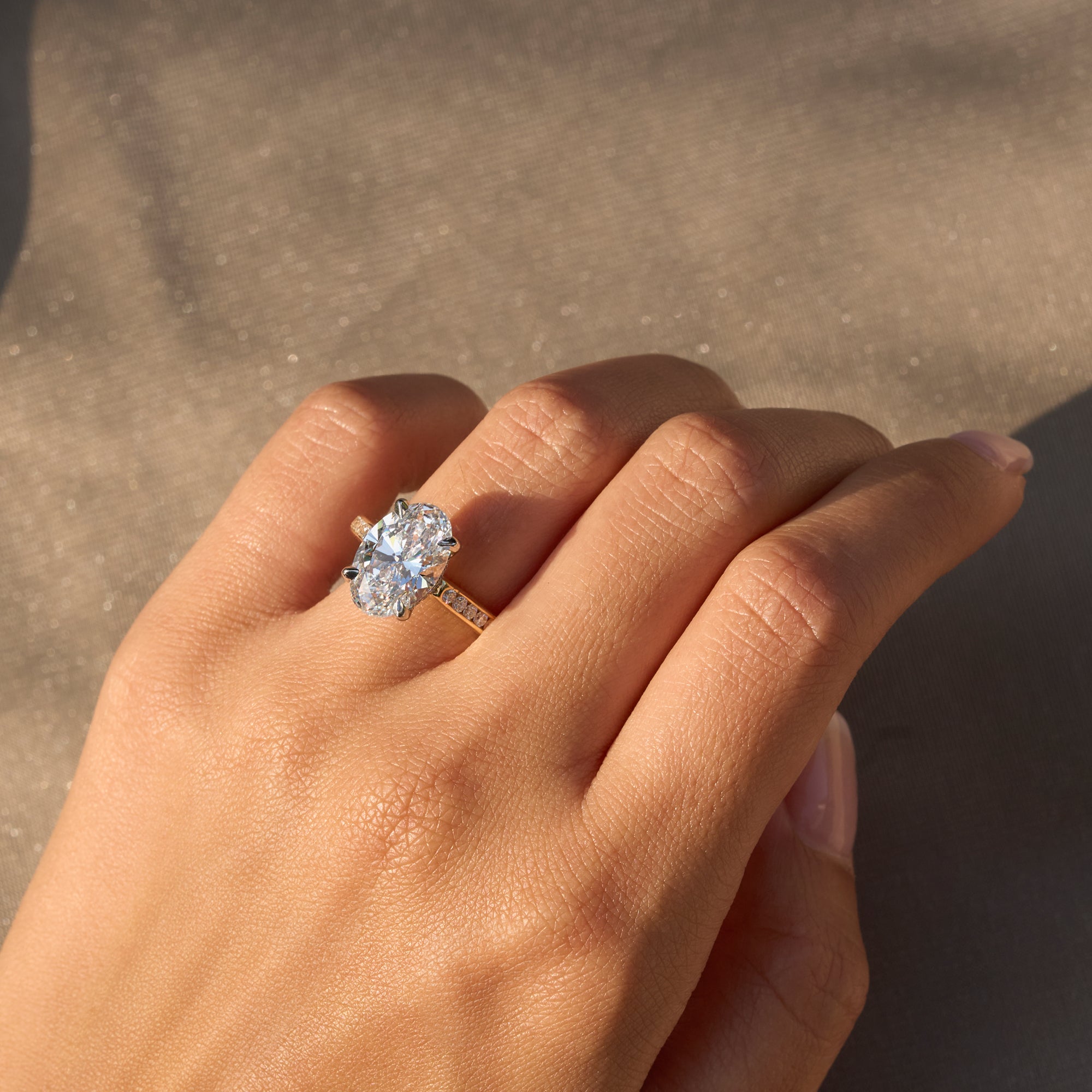 3.78ct Lab Oval Diamond Cathedral Halfway Engagement Ring