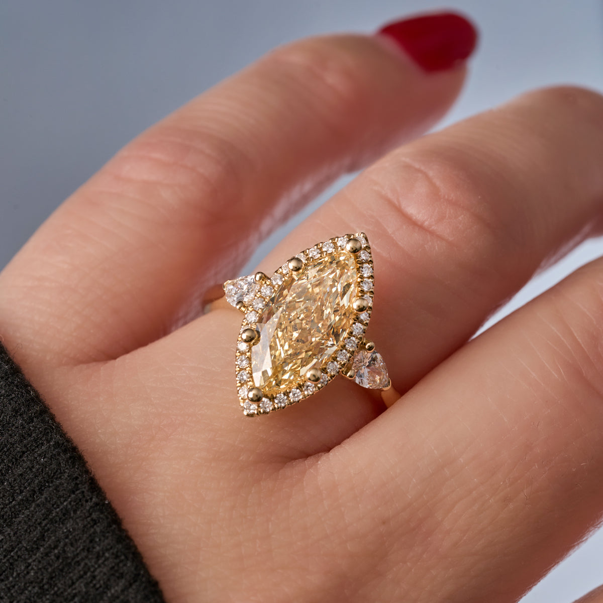 3.10 Marquise Yellow Lab Diamond Three Stone Engagement Ring with Halo