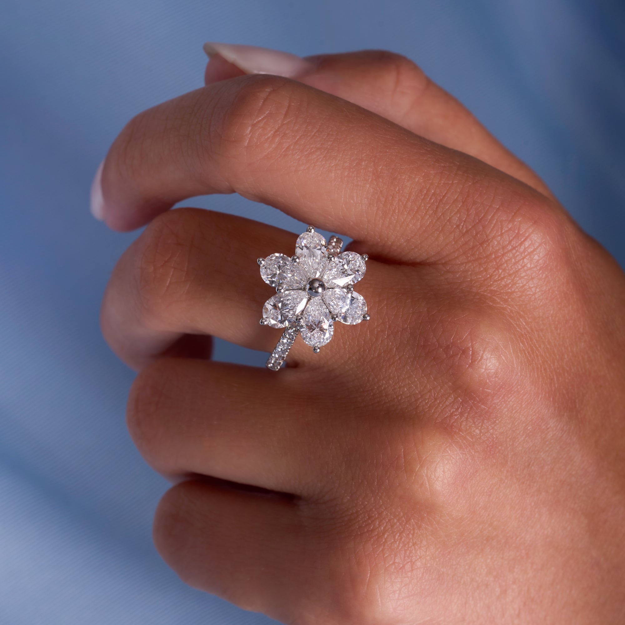 Lab Diamond Flower With Halfway Band Ring
