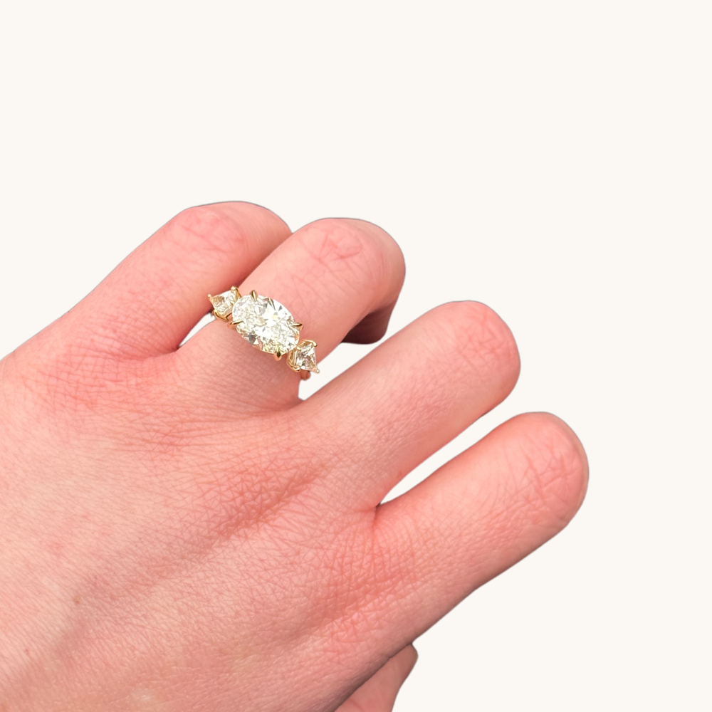 2.83 Oval Lab Diamond East-West 3-Stone Engagement Ring with Hidden Halo - Happy Jewelers Fine Jewelry Lifetime Warranty