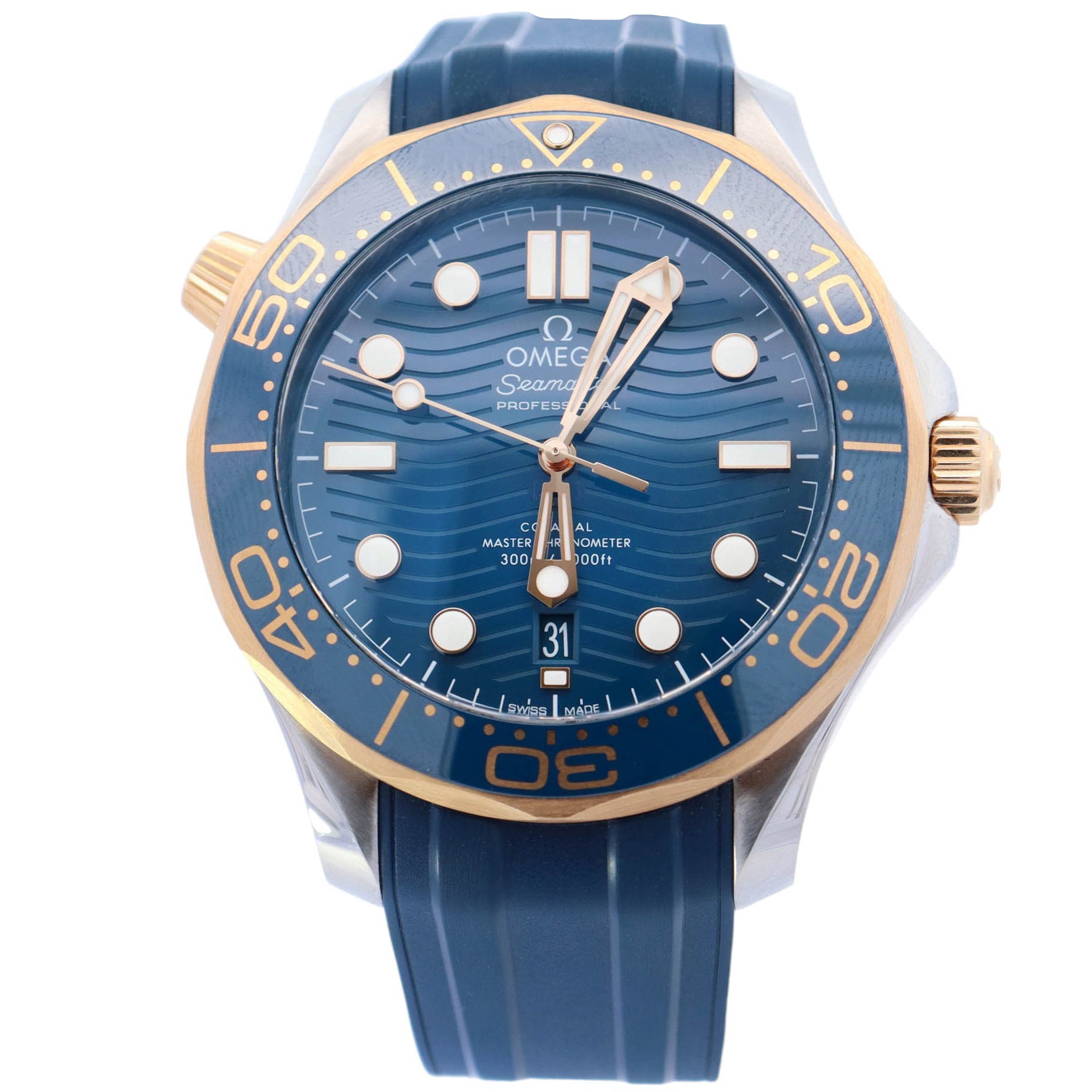 Omega Sea Master Two Tone Yellow Gold & Steel 42mm Blue Dot Dial Watch Reference#: 210.22.42.20.03.001 - Happy Jewelers Fine Jewelry Lifetime Warranty