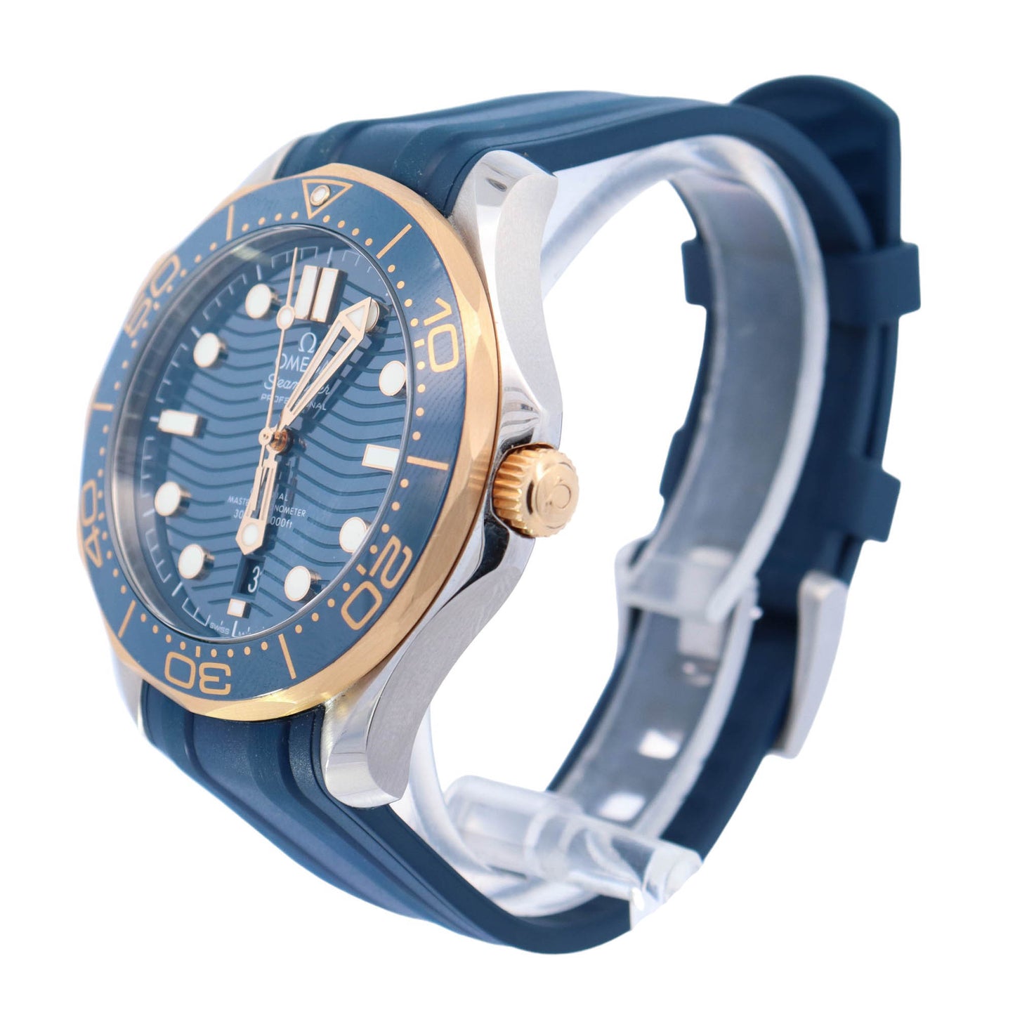 Omega Sea Master Two Tone Yellow Gold & Steel 42mm Blue Dot Dial Watch Reference#: 210.22.42.20.03.001 - Happy Jewelers Fine Jewelry Lifetime Warranty